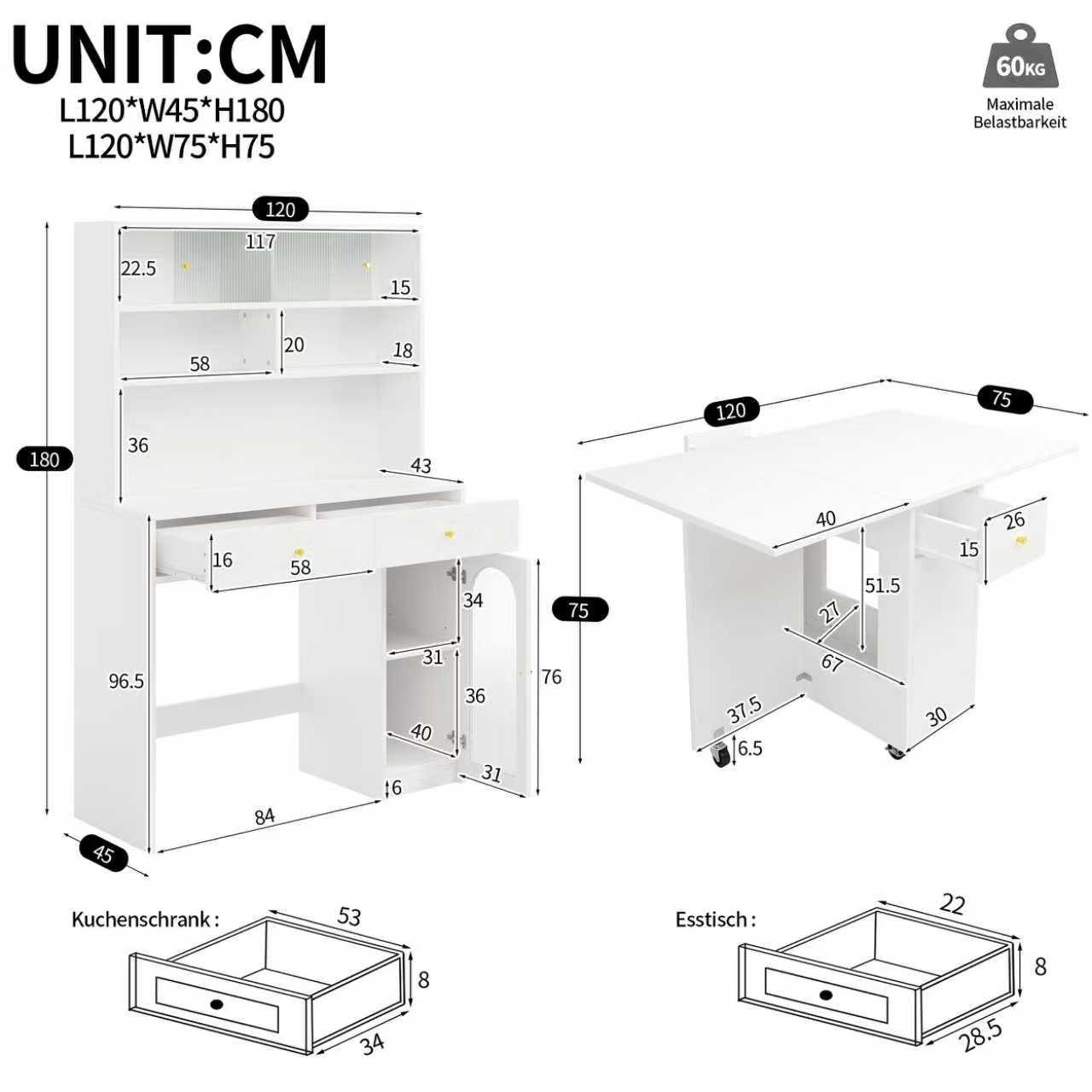 Merax Barschrank Küchenschrank Set mit klappbarem Esstisch (Hochschrank Esstisch Bartisch, 1-St) Mobiler Bartisch auf Rollen & Hochschrank mit Stauraum, Möbel Set,Weiß
