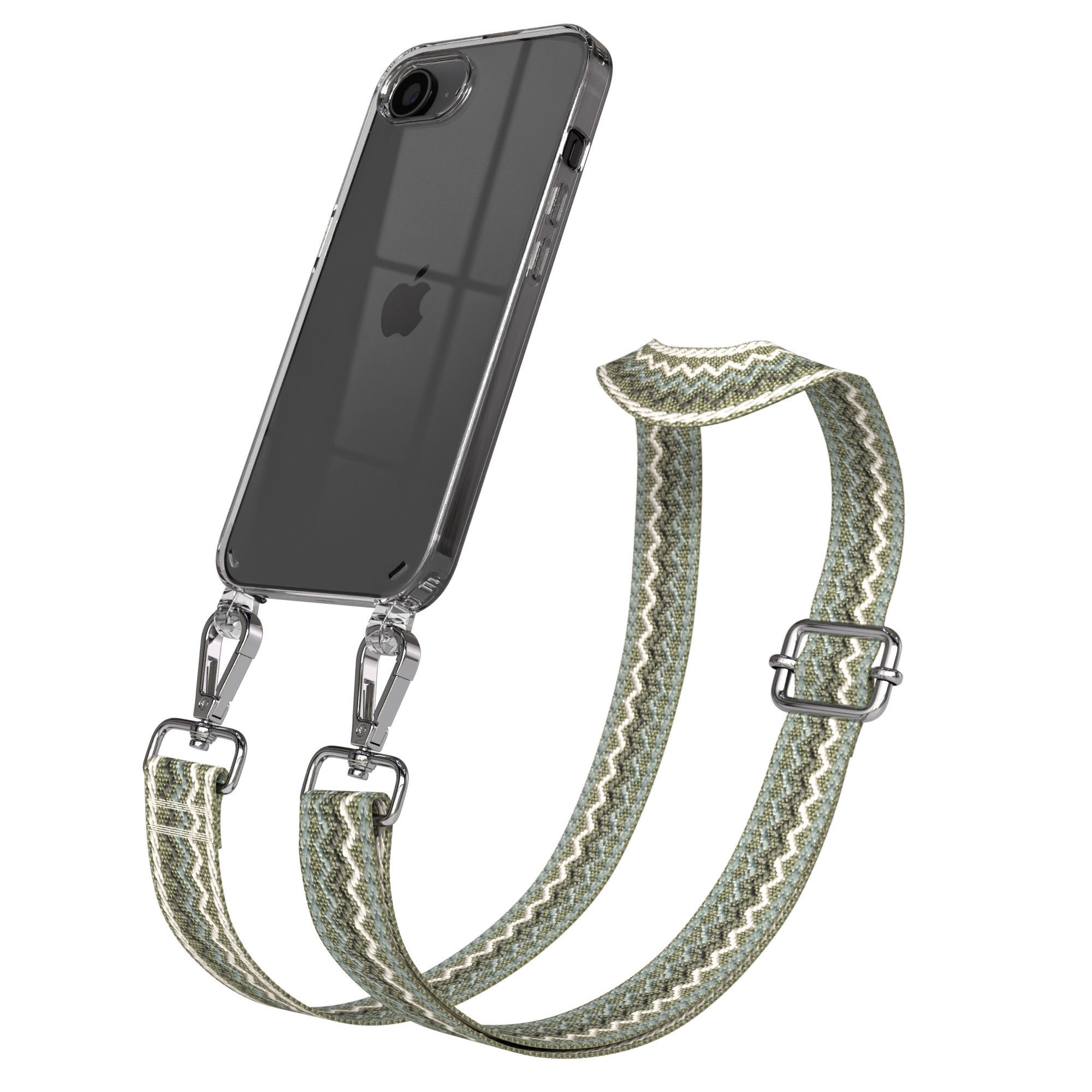 EAZY CASE Handykette Apple iPhone 16e Chain Eyelets Slim Neck Strap Set 6,1 Zoll, Verstellbarer Trageriemen Wave Case transparent DIY Gürteltasche Grün