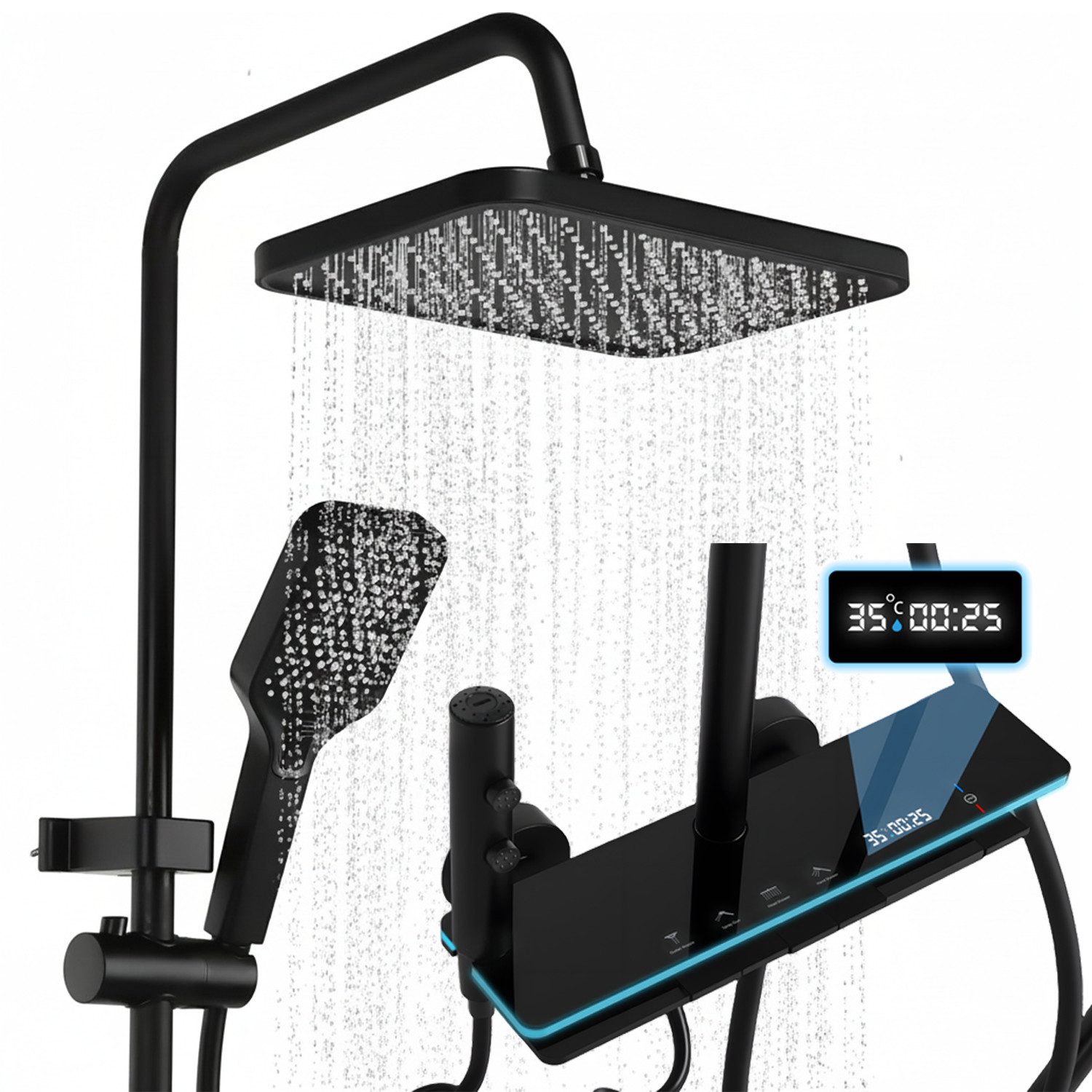 oyajia Brausegarnitur 4 in 1 Duschsystem Edelstahl, Höhenverstellbare, Klaviertaste, 4 Strahlart(en), Regendusche mit LED-Licht, Luftdruck-Boost,Digitaler Temperaturanzeige