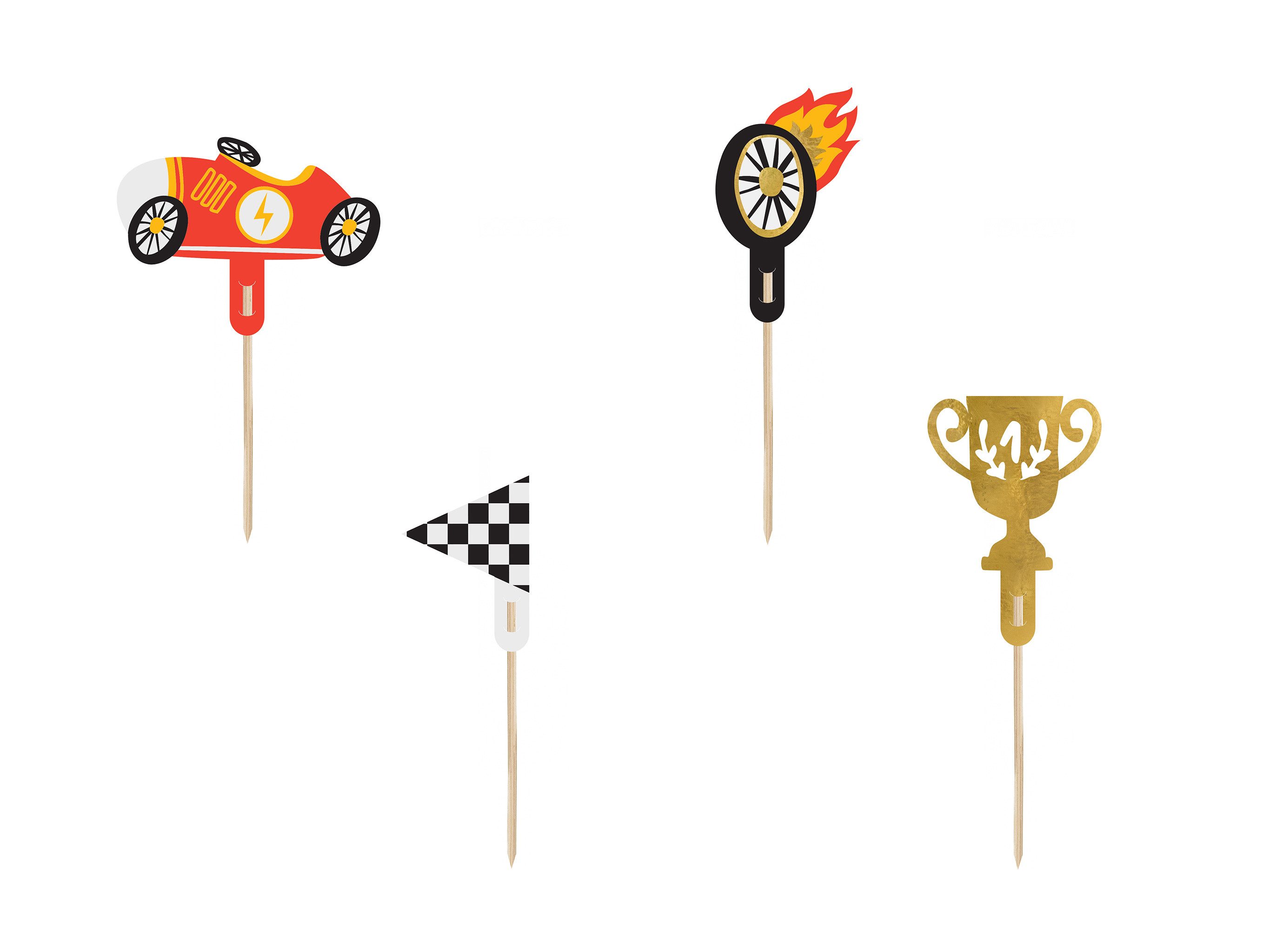 partydeco Tortenstecker, Cake Topper Rennauto 12cm 4er Set Rot / Schwarz / Gold
