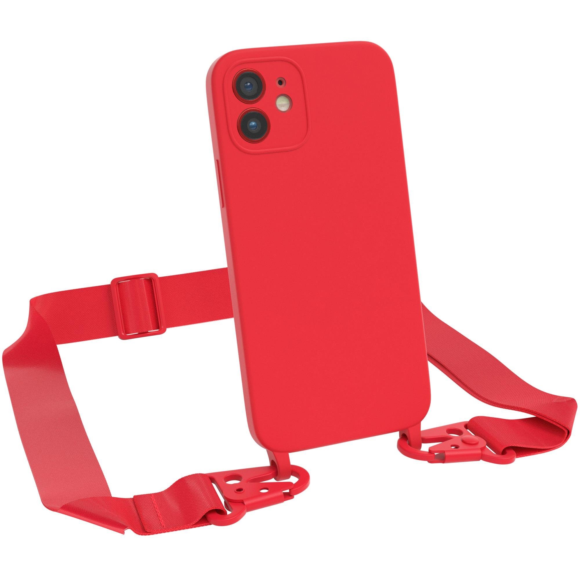 EAZY CASE Handykette Breitband Kette für Apple iPhone 12 6,1 Zoll,  Silikonhülle Matt mit breitem Umhängeband Schutzhülle zum Umhängen Rot