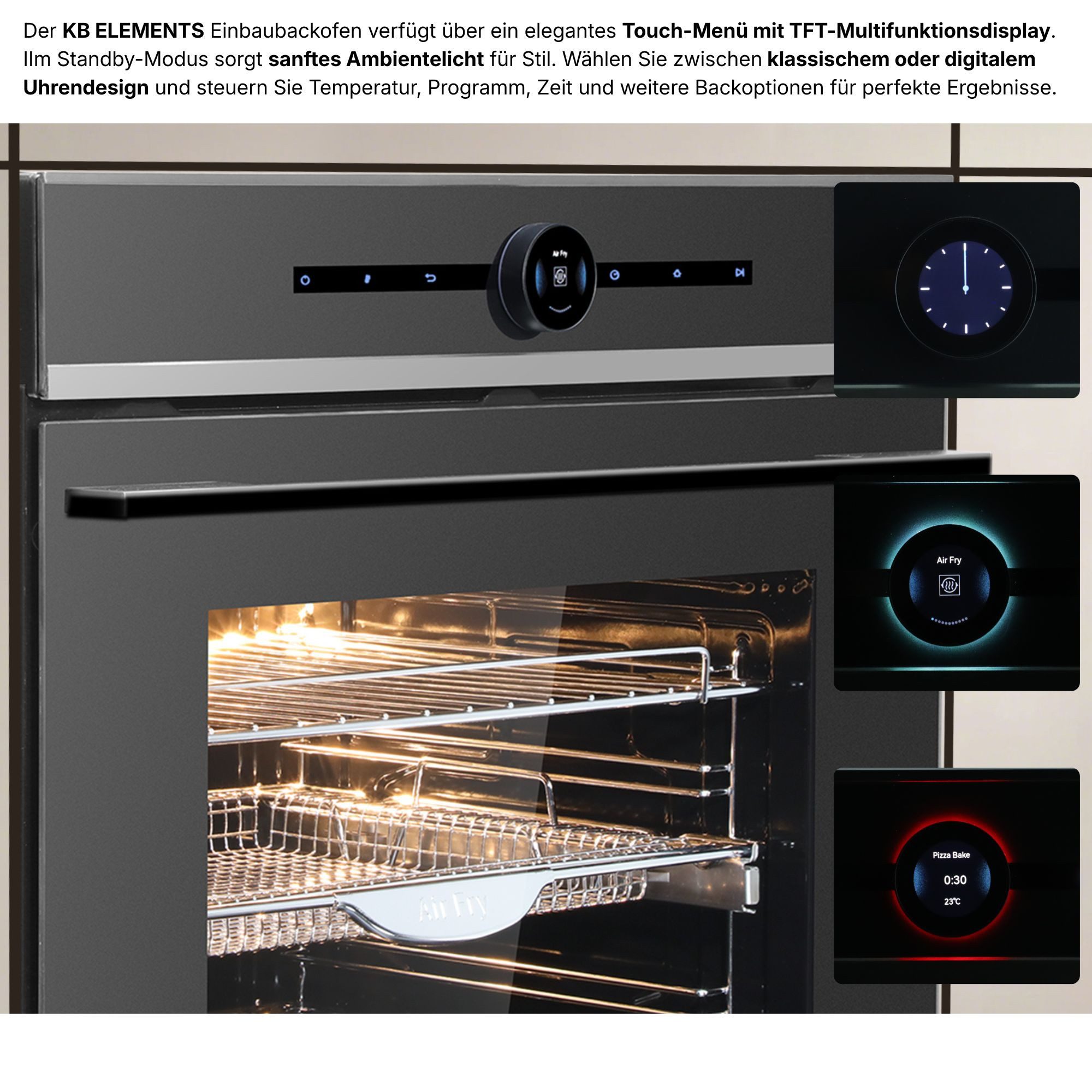 KB Elements Einbaubackofen 15 x Funktionen, Airfryer Funktion, TFT Display, AQUA CLEAN, mit 2-fach-Teleskopauszug, AQUA CLEAN, Air Fry Funktion, Rotisserie Funktion, Multifunktionales TFT-Display