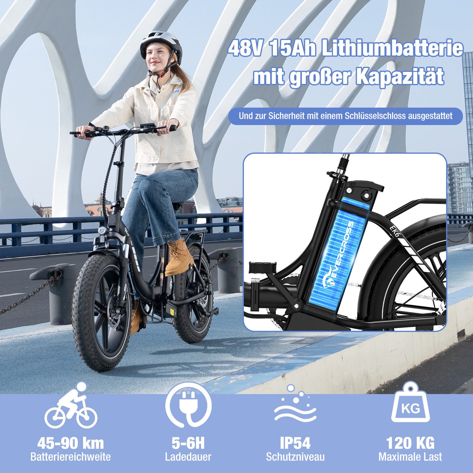 EVERCROSS TECH E-Bike 20×4.0 Fatbike, 7-Gang Shimano, 48V 18Ah abnehmbarer Akku 130km, Heckmotor, 864 Wh, 250W Motor Elektrofahrräder für Damen und Herren – Bild 2 von 5