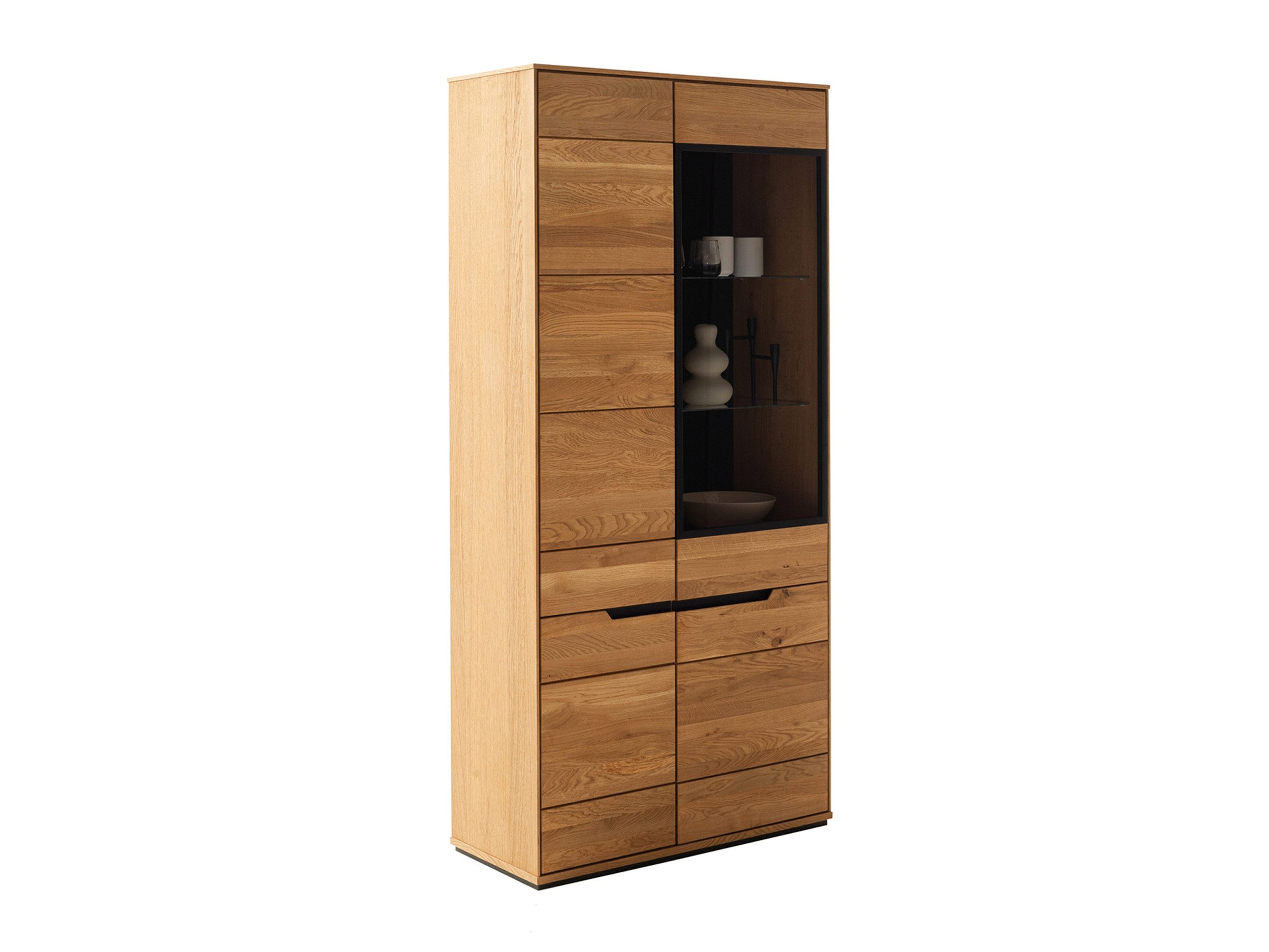 Massivart® Glasvitrine Vitrine 93 x 196 cm Wildeiche geölt »ARAYA« Massivholz · 1 Glastür · 3 Drehtüren · 6 Einlegeböden