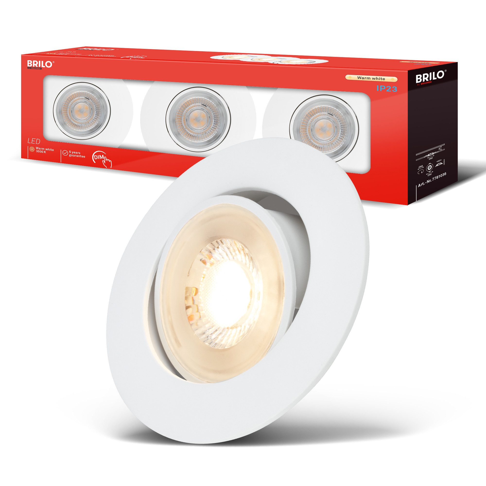 Briloner Leuchten LED Einbauleuchte Einbaustrahler 3er Set Dimmbar Schwenkbar, Dimmbar, LED fest integriert, Warmweiß, 90x24 mm, Wohnzimmer, Flur