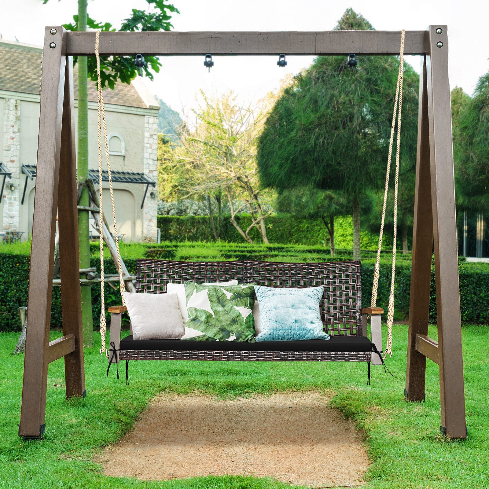COSTWAY Hollywoodschaukel, 2-Sitzer, Schaukelbank Rattan mit Kissen, 360kg