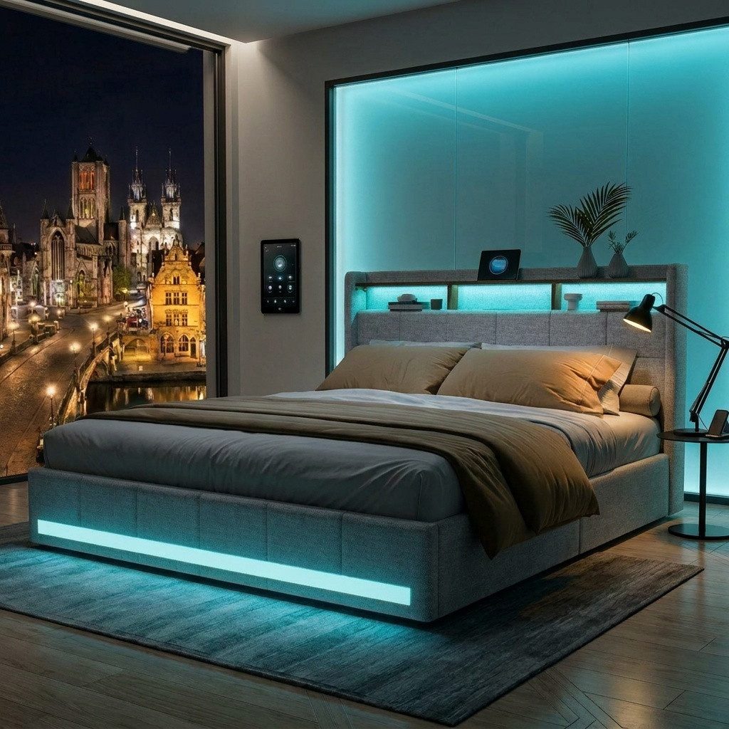 PXloue Polsterbett LED Doppelbett Stauraumbett, mit USB-Laden und Stauraum am Kopfteil,Leinen,160x200 cm