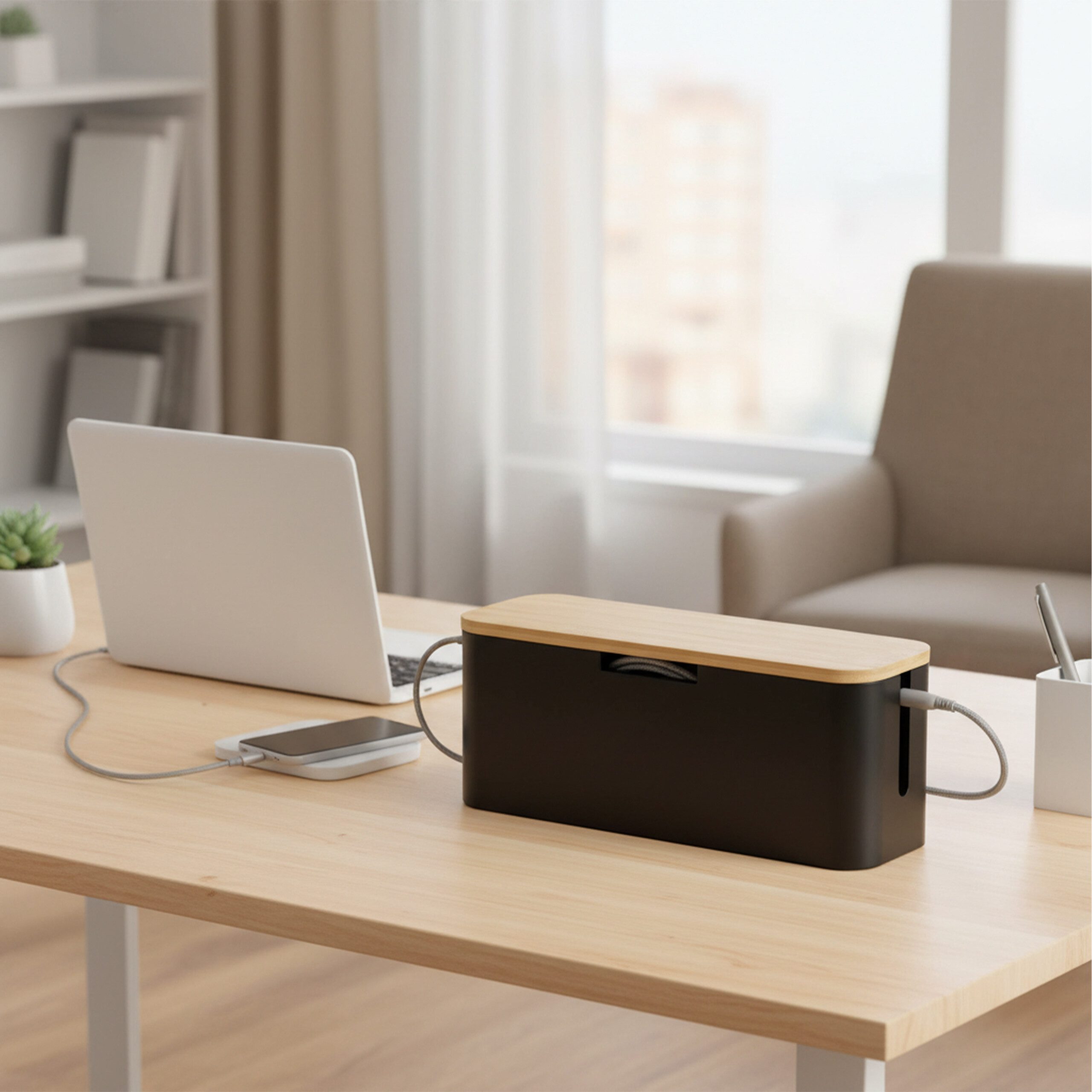 relaxdays Kabelbox aus Bambus, Natur-Schwarz günstig online kaufen