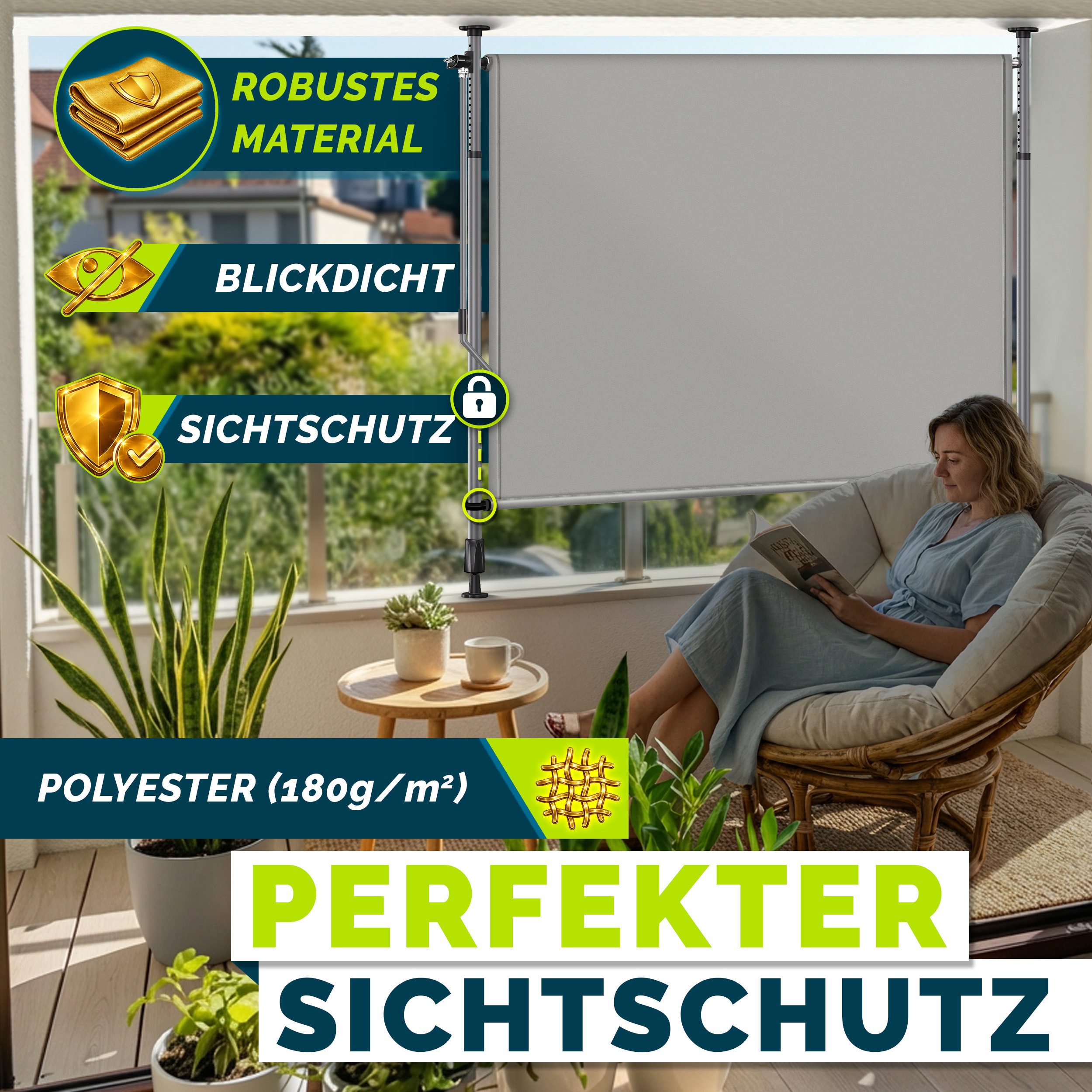tillvex Klemmmarkise tillvex© Klemmmarkise Senkrechtmarkise Außen Balkon ohne Bohren (Sichtschutzrollo Terrasse Garten Wetterfest, Vertikalmarkise Sichtschutz Ausziehbar & Blickdicht) Klemmmarkise mit Handkurbel ohne Bohren Balkon