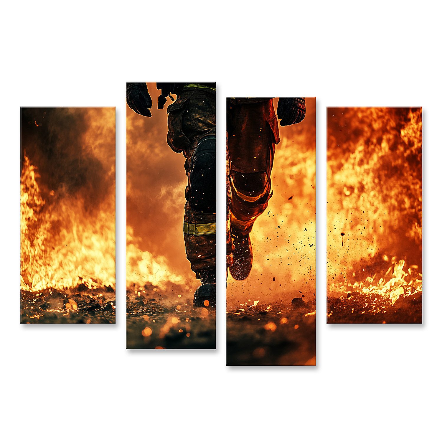 Leinwandbild Feuerwehrmann im Einsatz gegen massive Flammen