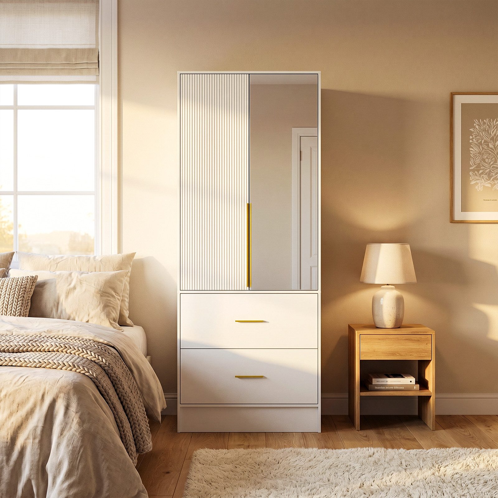 FUFU&GAGA Kleiderschrank Drehtürenschrank 170cm mit Spiegel und LED-Beleuchtung