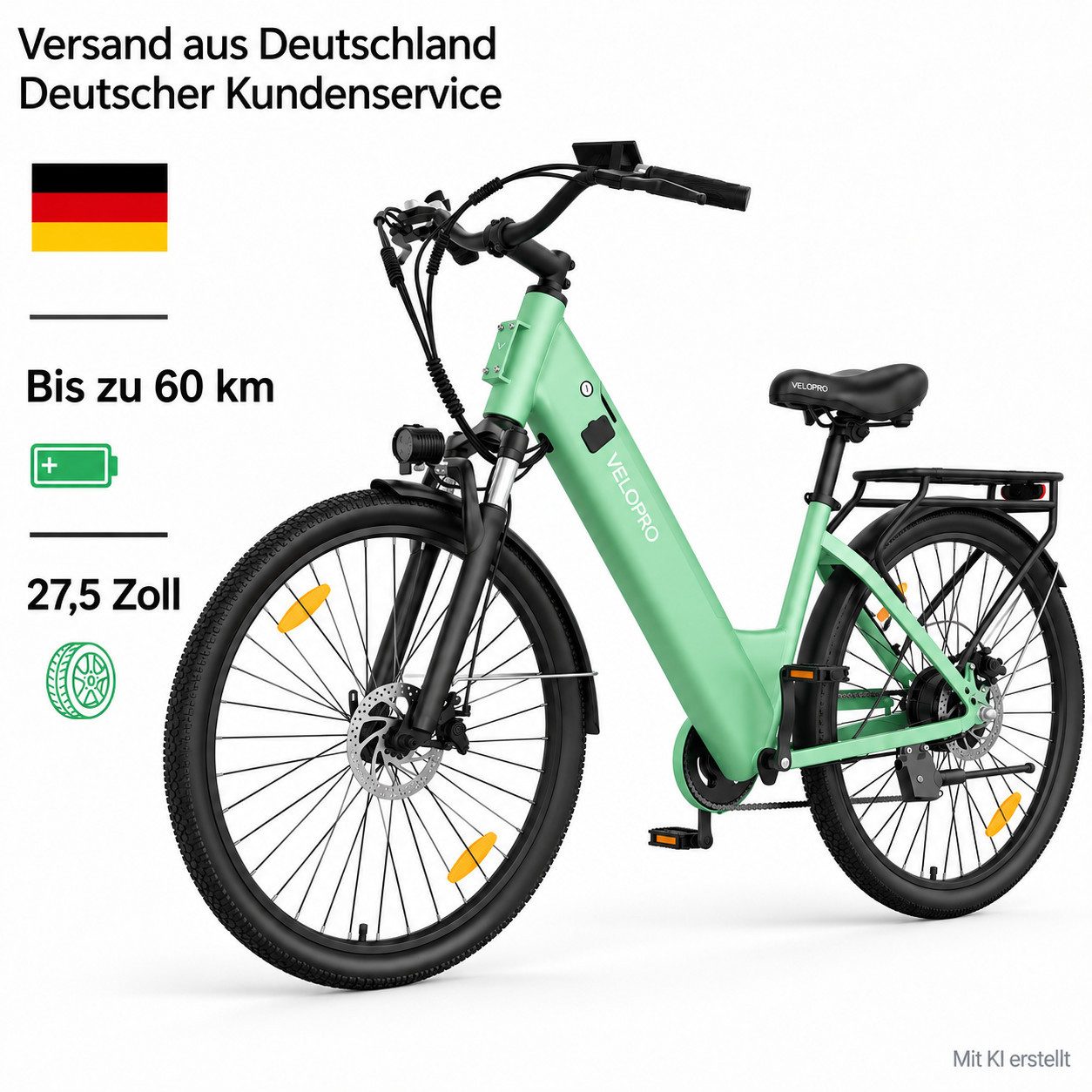 PIXAR E-Bike Cityrad Velopro C1 27,5 Zoll City Elektrofahrrad, 36 V 13 Ah Akku, 7-Gang, 7 Gang, Heckmotor, 468 Wh, Multifunktions-LCD; 250W Heckmotor; Gepäckträger