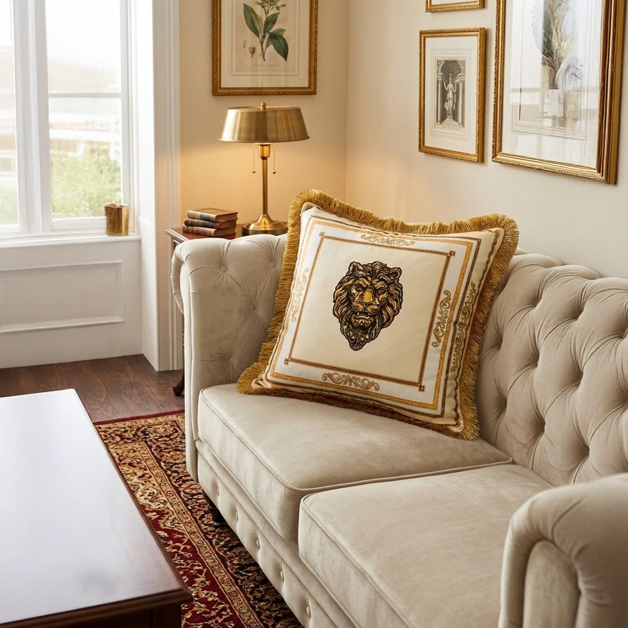 Belle Arti Dekokissen Samt/Dekokissen mit Löwen- oder Kronenmotiv, Beige/Weiß 45x45, 60x60