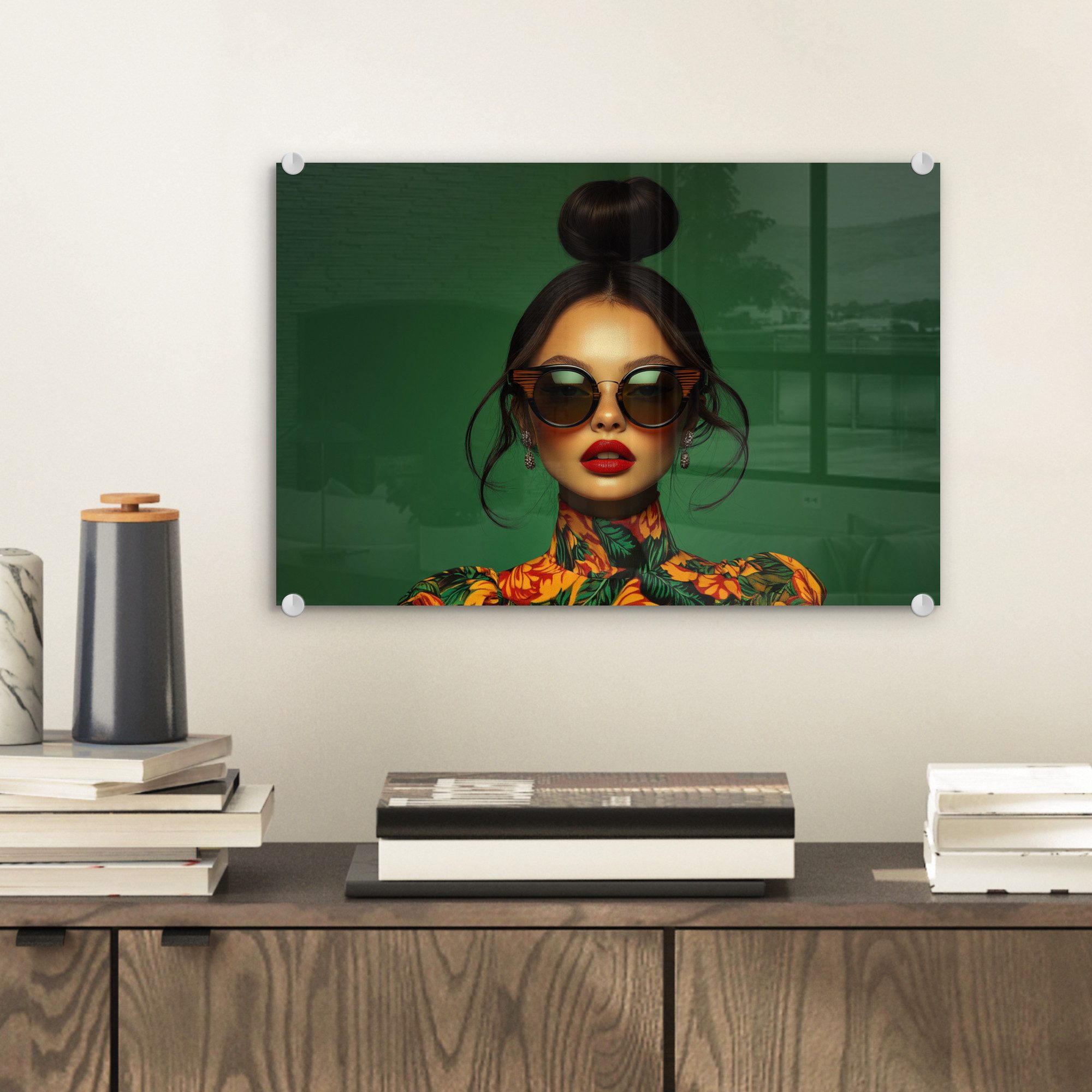 MuchoWow Acrylglasbild Frau - Grün - Modern - Brille - Abstrakt, Inkl. Aufh günstig online kaufen
