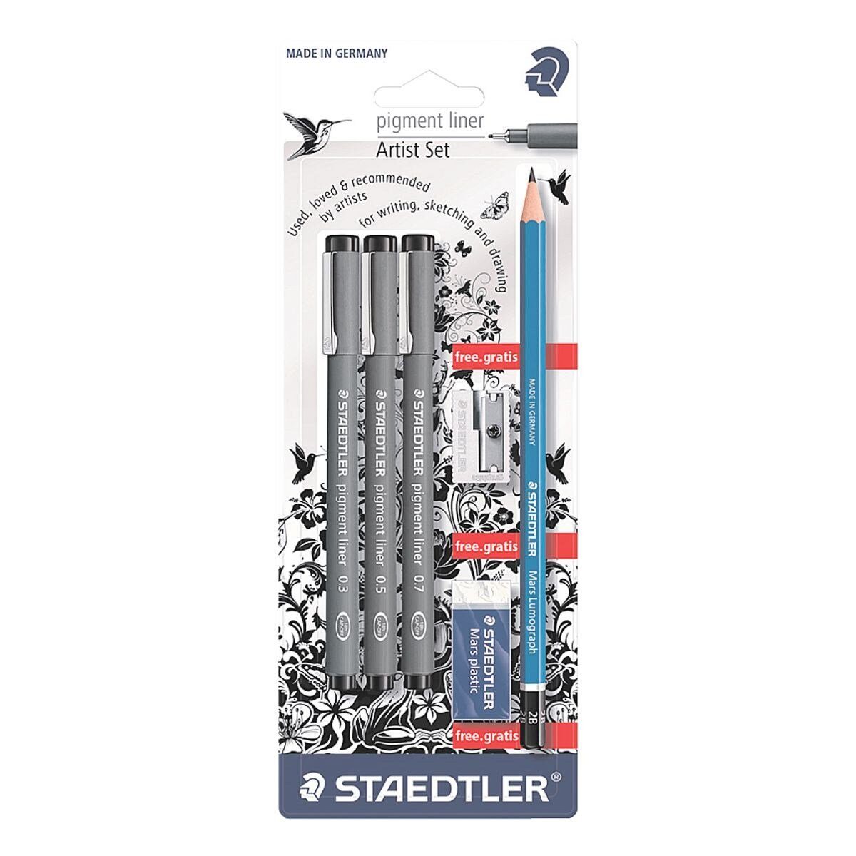 STAEDTLER Fineliner 308, (6-tlg), 0,3/0,5/0,7 mm + Bleistift + Radierer + Anspitzer im Set