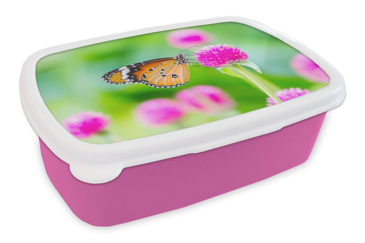 MuchoWow Lunchbox Landleben - Schmetterling - Distel - Blume, Kunststoff, (2-tlg), Brotbox für Erwachsene, Brotdose Kinder, Snackbox, Mädchen, Kunststoff rosa