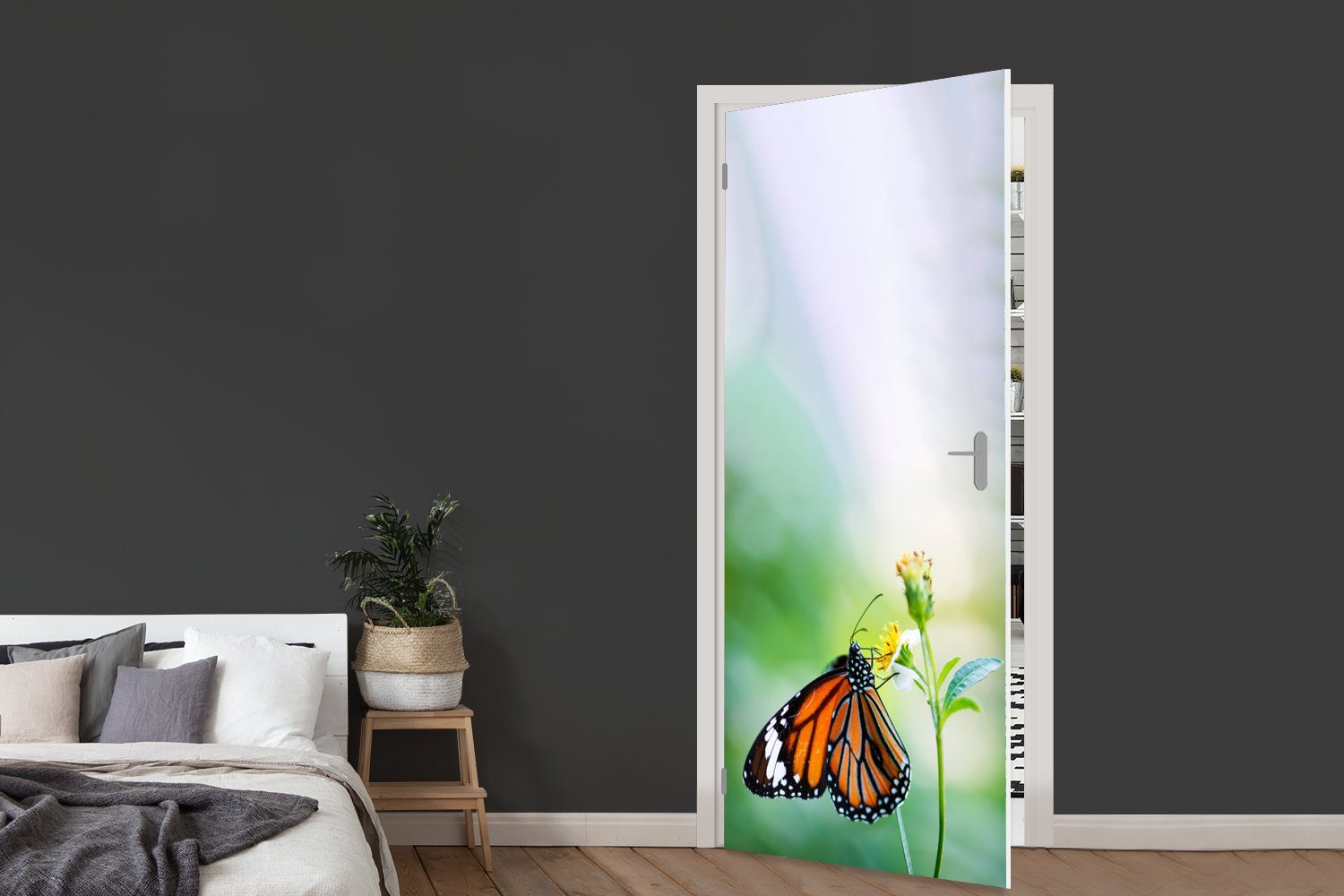 (1 bedruckt, Tür, 75x205 Matt, für cm Türaufkleber, - - MuchoWow St), Fototapete Blumen Türtapete Insekten, Schmetterling
