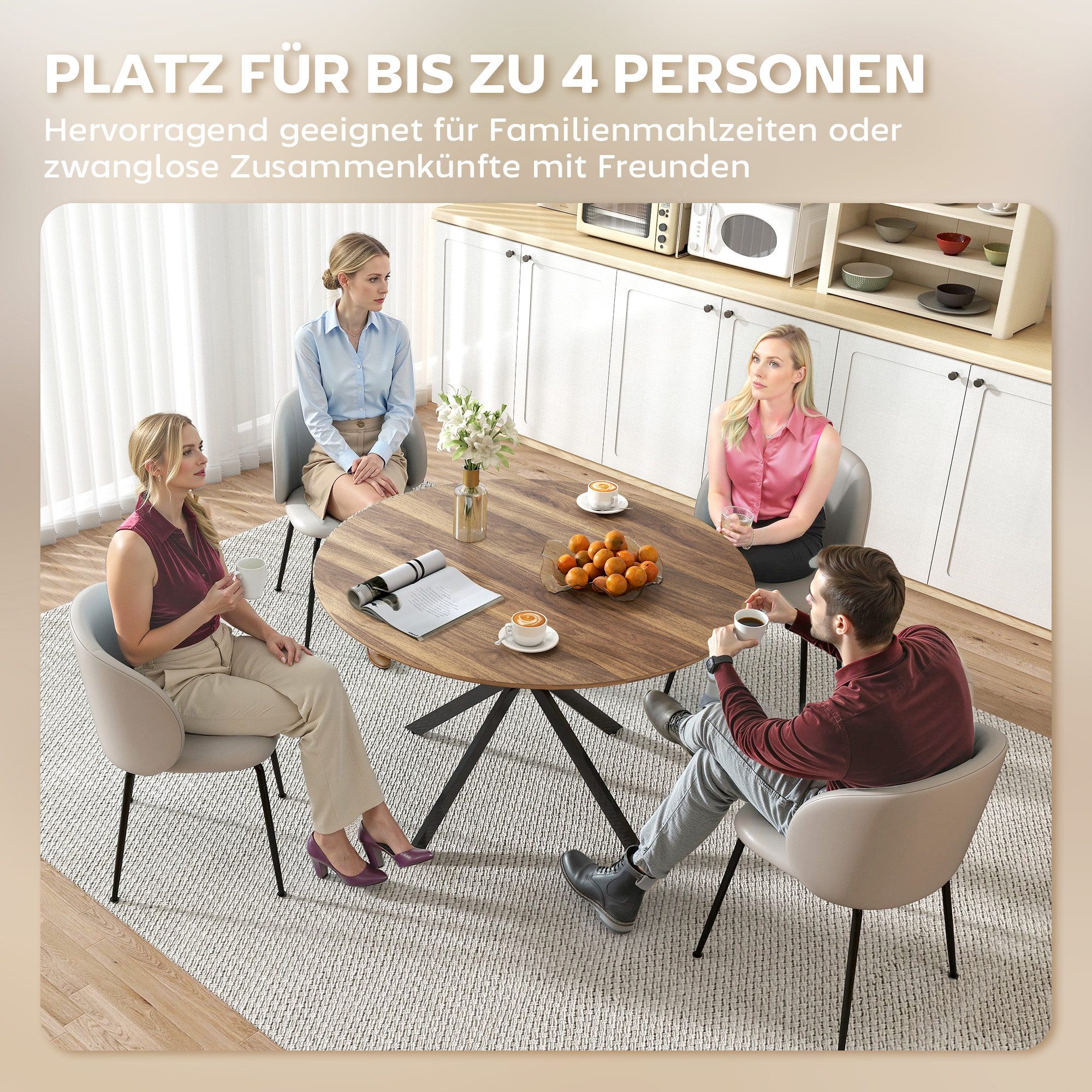 HOMCOM Esstisch Küchentisch im Industriestil mit Stahlbeinen für 4 Personen (für Esszimmer, Küche, Wohnzimmer, 1-St., rund, 120 x 120 x 75 cm), Braun – Bild 5 von 5