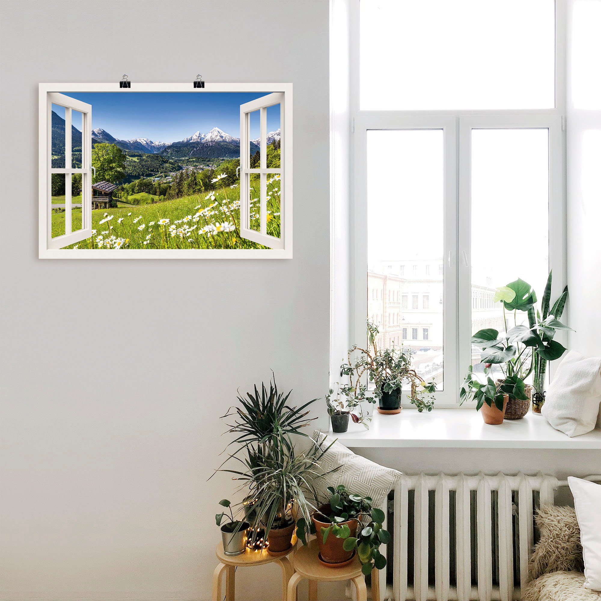 Artland Wandbild Fensterblick Wandaufkleber in Poster Alubild, Berge Größen Leinwandbild, Alpen, oder St), (1 Bayerischen als versch