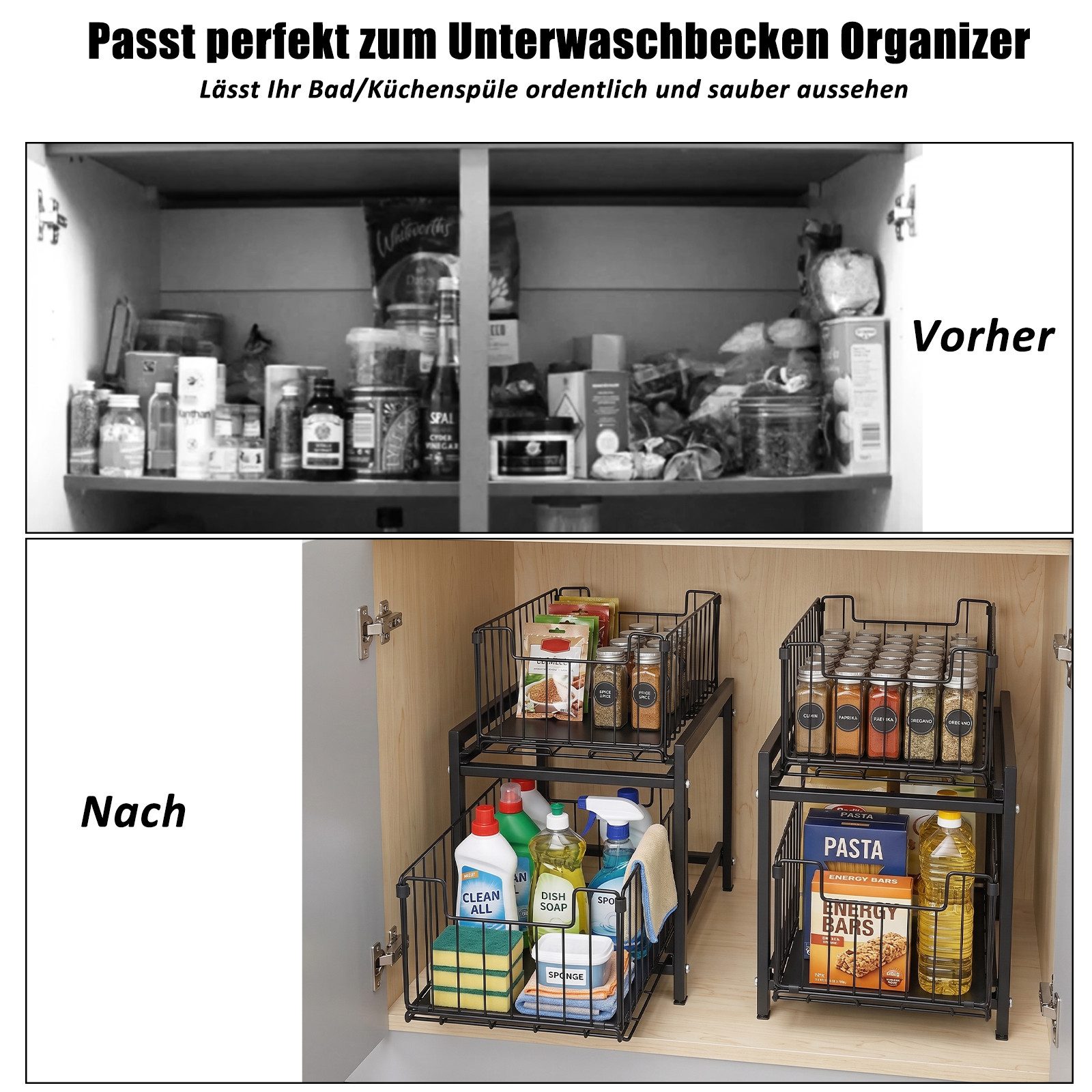DAITORE Küchenregal Küchen Organizer Ausziehbar, 2 Etagen Gewürzregale, Schubladenregal für Küche, Wohnzimmer und Badezimmer – Bild 4 von 5