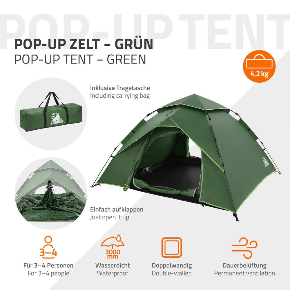 ECD Germany Kuppelzelt Pop-Up Zelt für 3-4 Personen Campingzelt Outdoor 2 Türen Familienzelt, Personen: 4, Wurfzelt leicht doppelwandig wasserdicht & winddicht mit Tragetasche