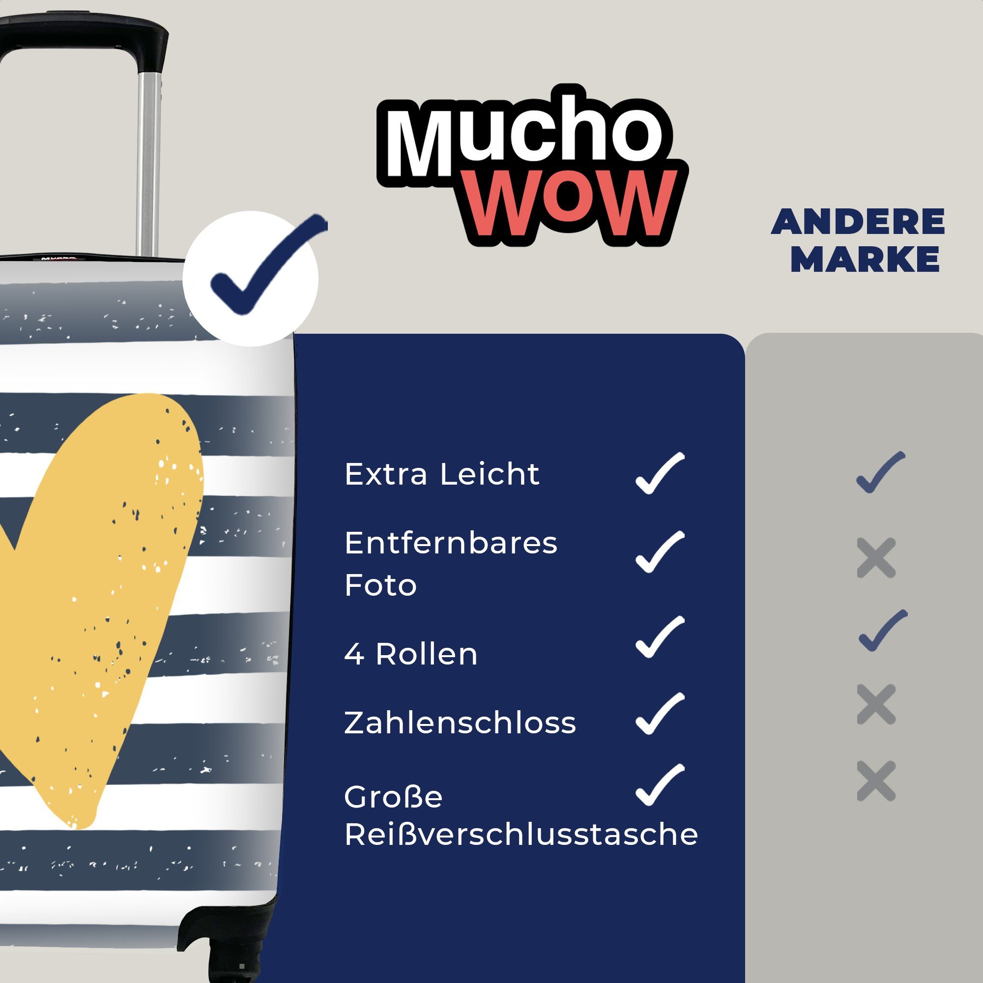 gestreiften, für gelben MuchoWow Handgepäck einem eines Reisekoffer mit Handgepäckkoffer weiß-grau Herzens Illustration Ferien, Trolley, Reisetasche 4 auf Rollen, rollen,