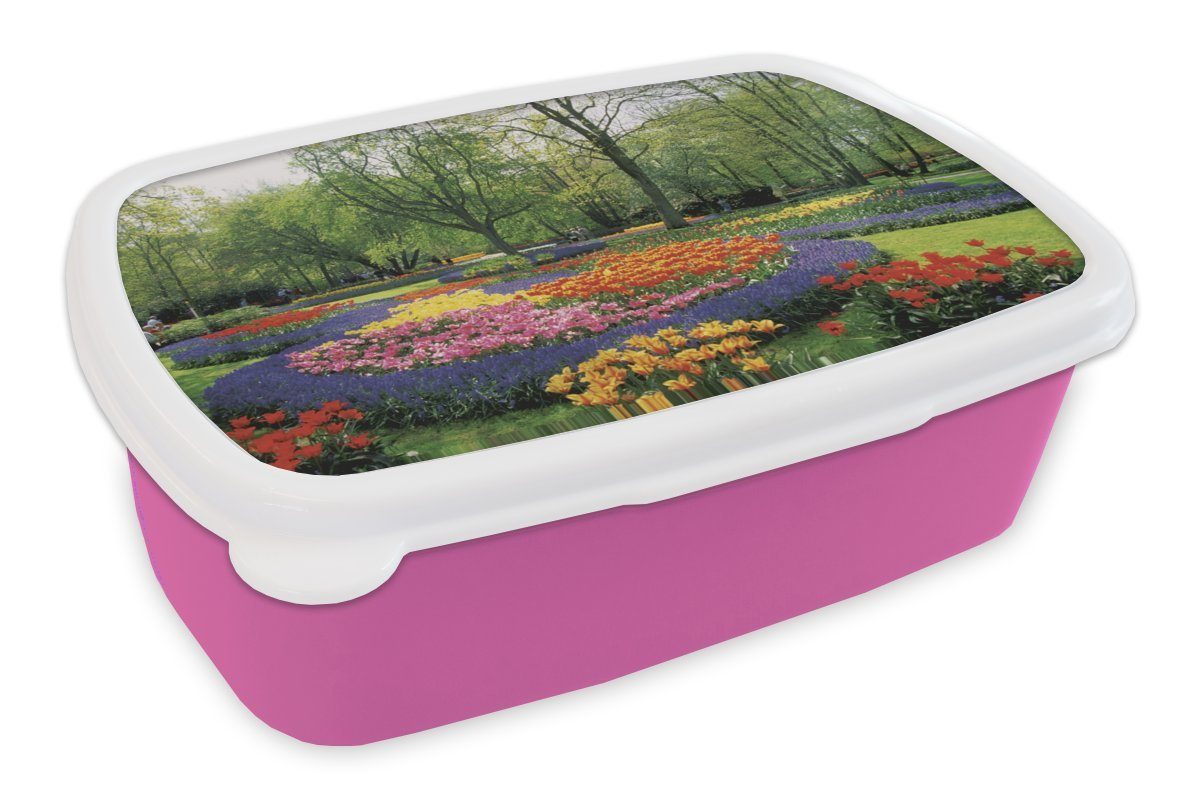 Erwachsene, in Kunststoff Brotbox für Blumenpark Lunchbox MuchoWow Kinder, Mädchen, (2-tlg), den Snackbox, Niederlanden, Keukenhof rosa Brotdose Kunststoff,