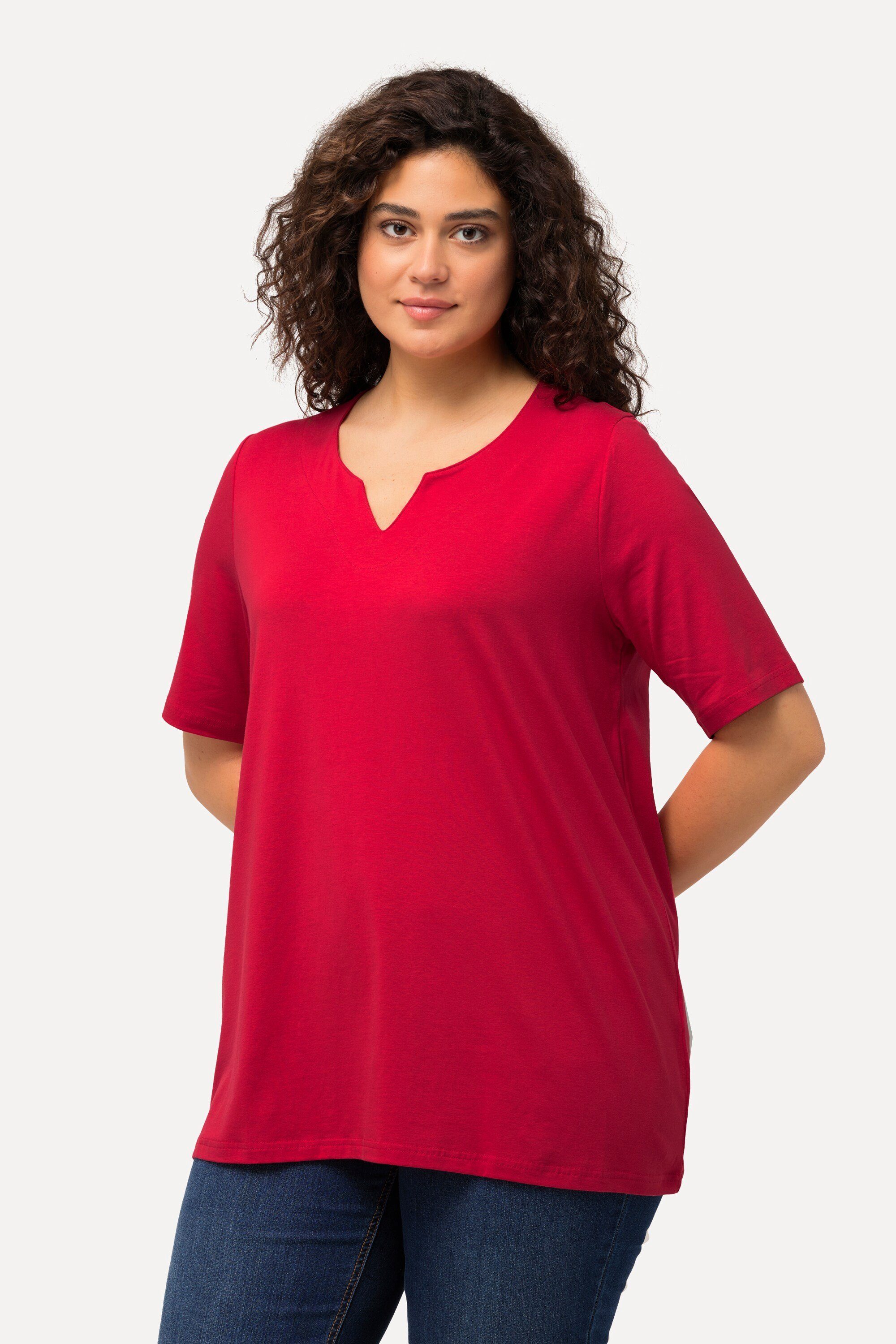 Ulla Popken Rundhalsshirt T-Shirt A-Linie Tunika-Ausschnitt Halbarm rot