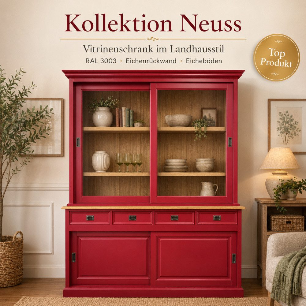 Wohnpalast Vitrine Landhaus Vitrinen Schrank Neuss 180 cm Rot mit Eichenrückwand