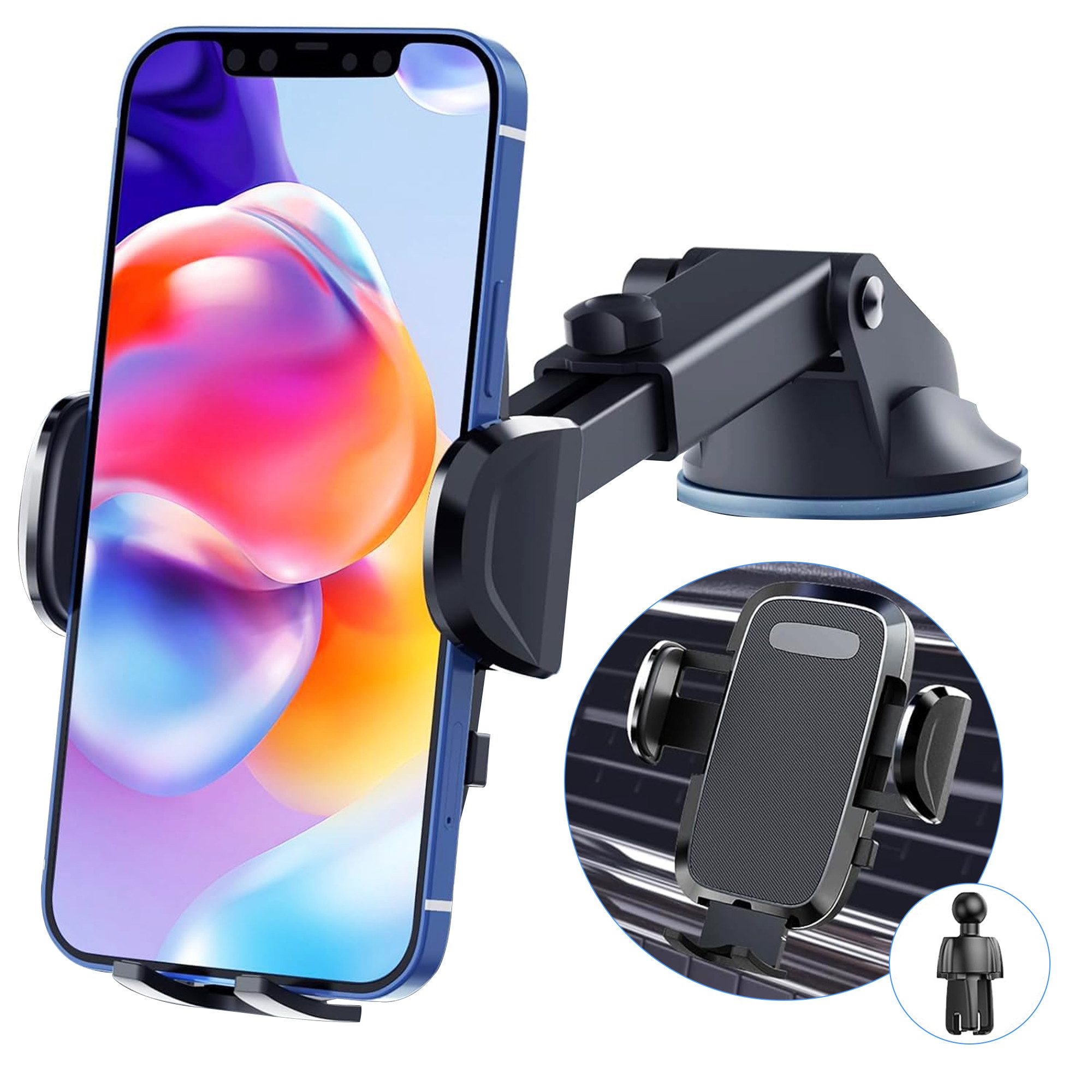 BRAIDOL Handy-Halterung KFZ Handyhalterung iPhone 15, 14, 13, Smartphone-Halterung, (1er Set, Hals von 8-16 cm ausziehbar + Saugnapf Adapter für Armaturenbrett, 360° drehbar, Teleskoparm von ca. 8 auf 16 cm erweiterbar, Universal, Kompatibel mit allen iPhone Modellen)