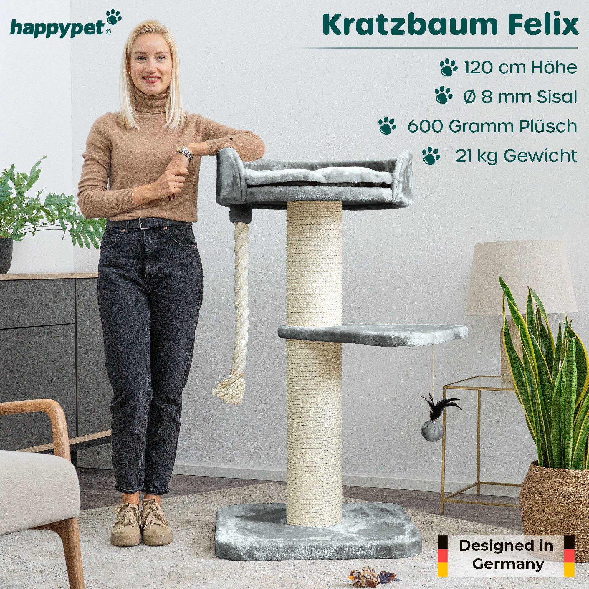 Happypet Kratzbaum FELIX, Katzenbaum 'Felix', Gesamthöhe 120 cm, mit Spielseil und Liegemulde