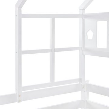 PHOEBE CAT Kinderbett (Hausbett mit Lattenrost, Schublade und Leiter), Hochbett Einzelbett mit Rausfallschutz, inkl. Zaun, 90x200 cm, Kiefer