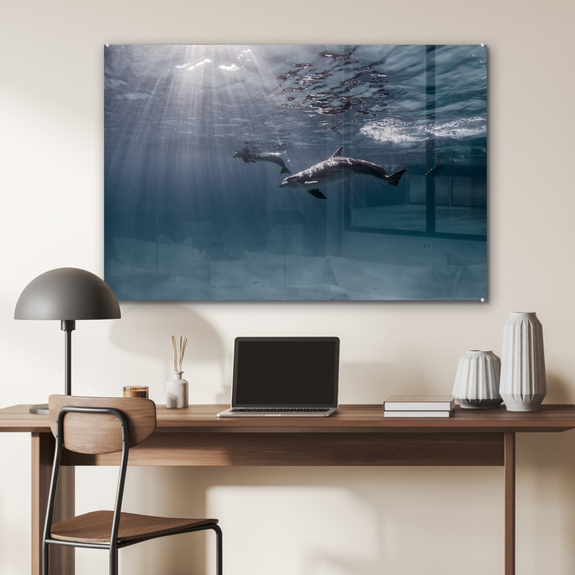 St), (1 MuchoWow Delfin Acrylglasbilder - Wohnzimmer Schlafzimmer & - Acrylglasbild Sonne Meer,