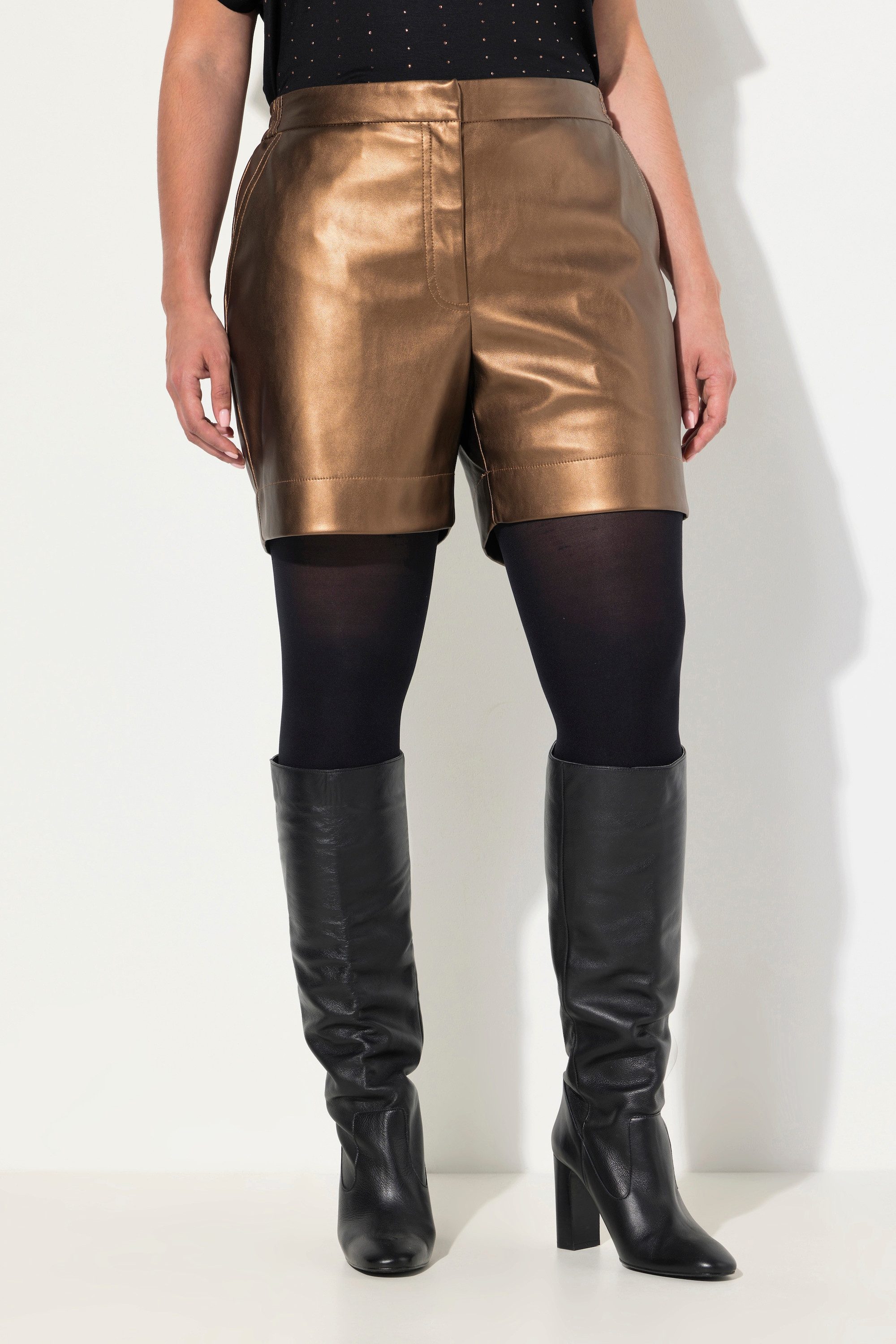 Ulla Popken Jeansshorts Shorts Lederoptik weites Bein Komfortbund