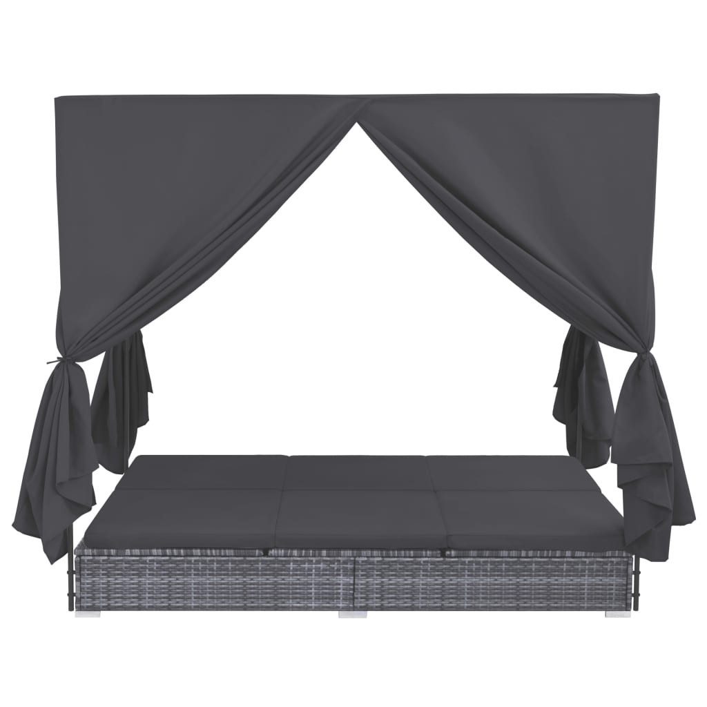vidaXL Gartenliege NA Outdoor-Lounge-Bett mit Vorhängen Polyrattan Grau Gartenliege Sonne