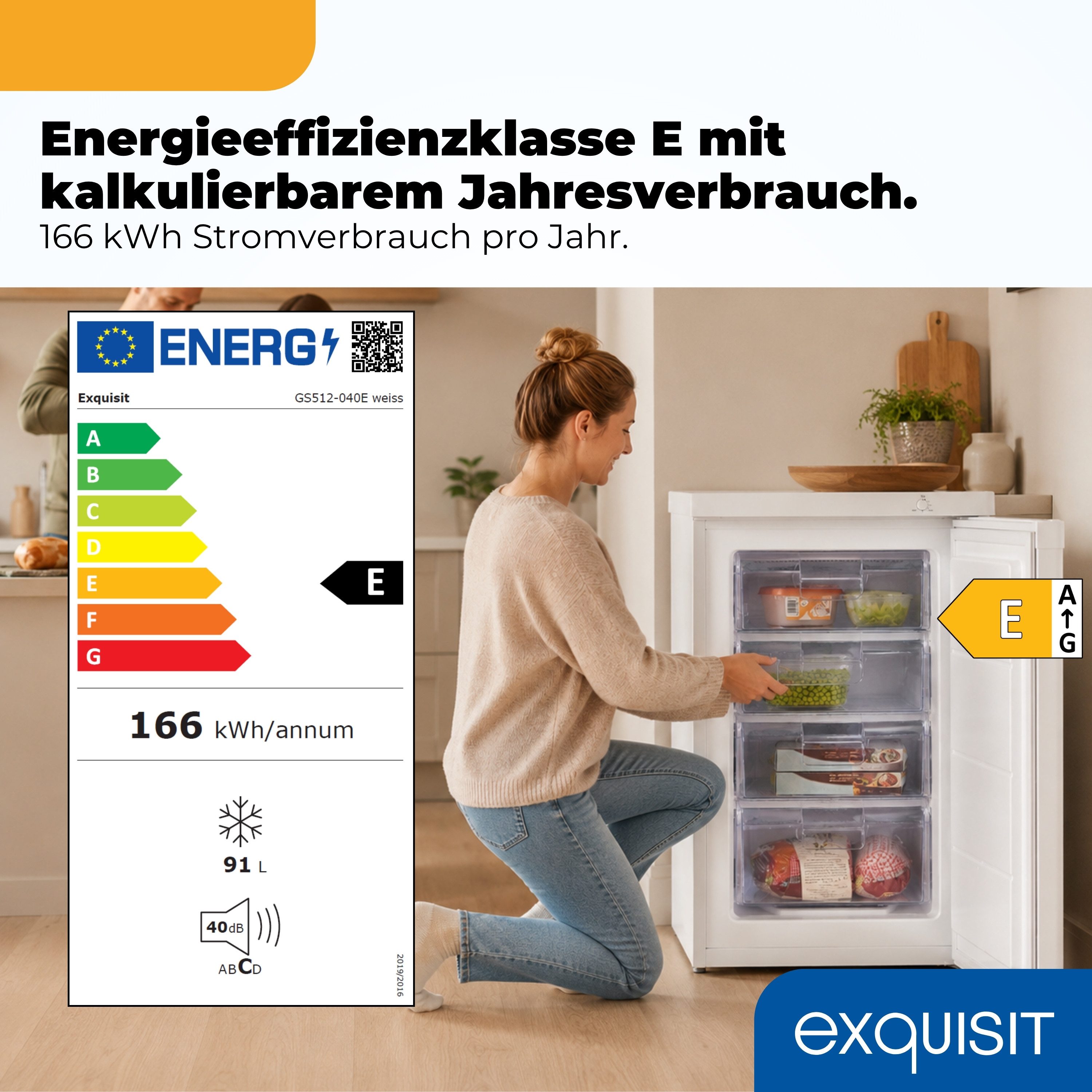 exquisit Gefrierschrank GS512-040E, 85.5 cm hoch, 55 cm breit, 91 l Nutzinhalt, 4 Gefrierschubladen, 40 dB Geräusch, Geräuschklasse C