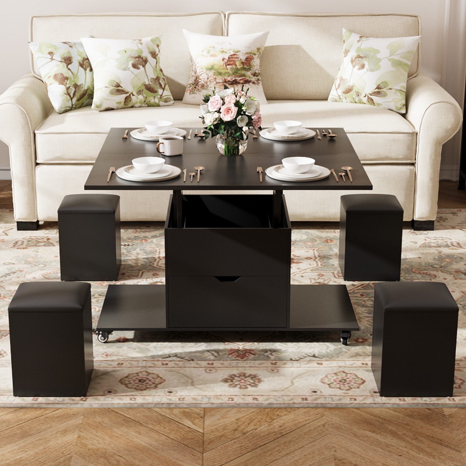 VOWNER Couchtisch 3-in-1-Multifunktions-Couchtisch mit Schublade & 4 Hocker günstig online kaufen