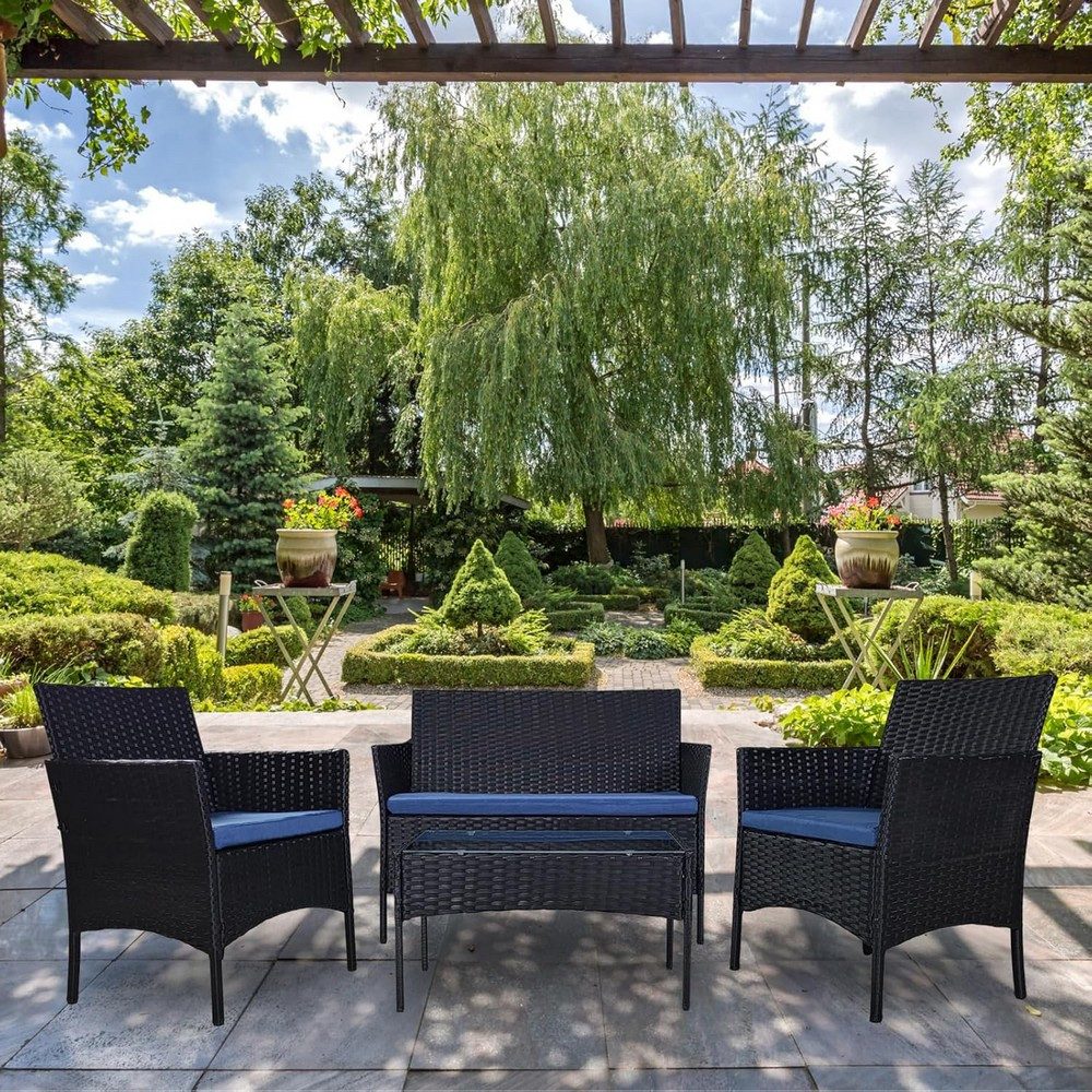 VORTIVO Gartenlounge-Set klein für 4 Personen, wetterfest, (Balkonmöbel Set outdoor, 4-tlg., Tisch, Sofa, 2 Sessel, austauschbare Kissenbezüge INKLUSIVE), Gartenmöbel für Terrasse, Balkon, Garten