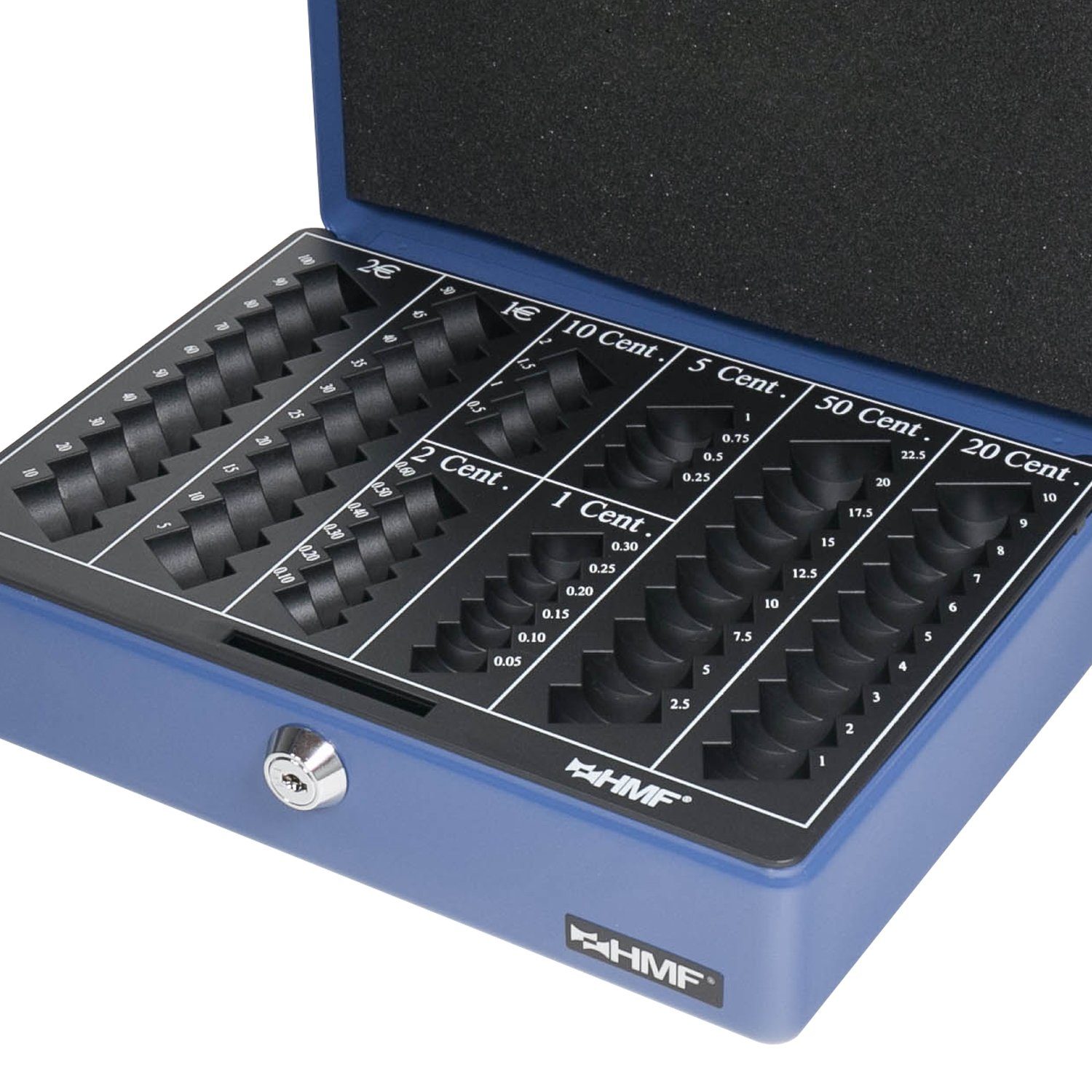 Abschließbare cm Münzzählbrett, mit Geldbox Schlüssel, Bargeldkasse mit 25x18x9 Geldkassette HMF hochwertige blau