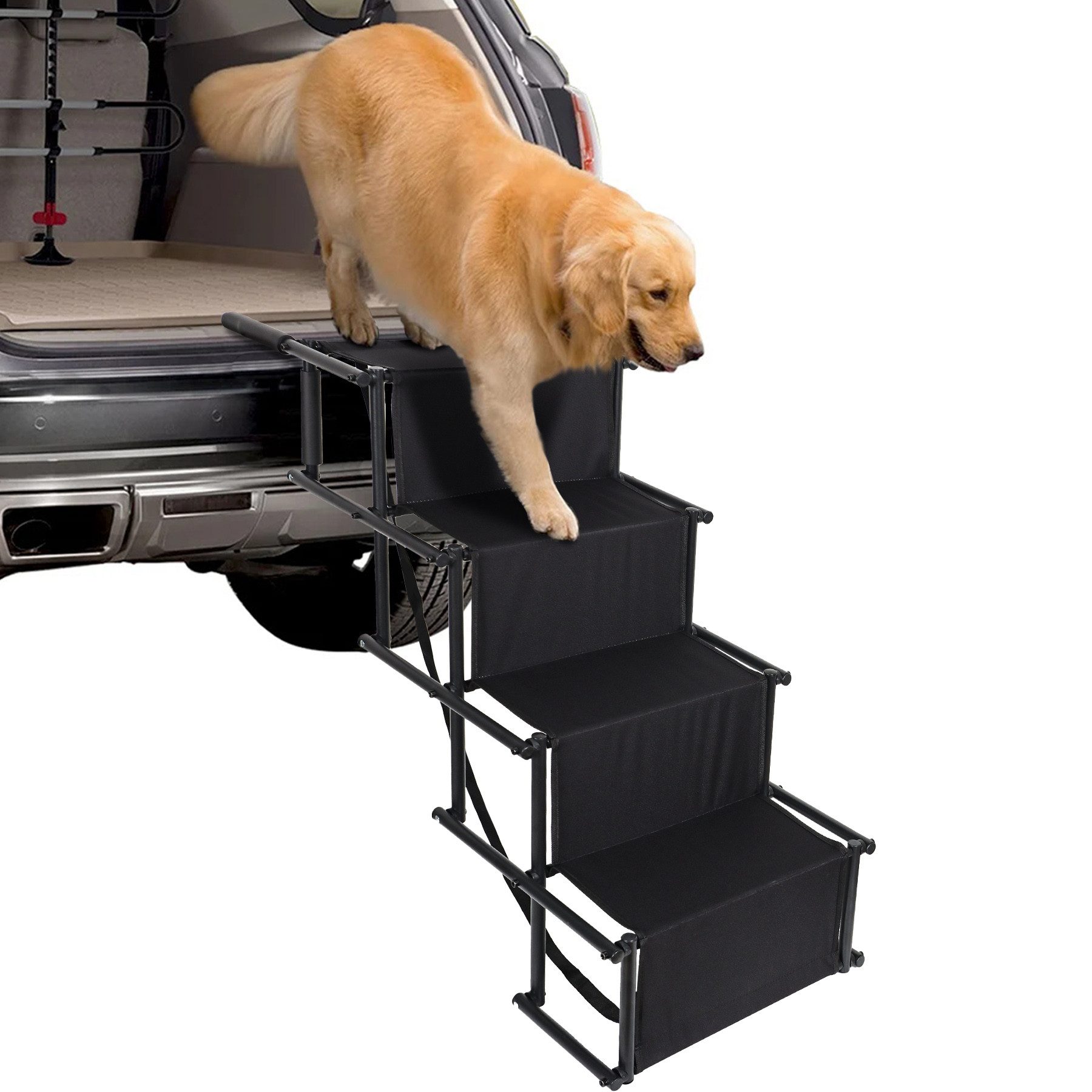 CALIYO Hunderampe Hundetreppe Faltbar Auto, 4 Stufen, Hunderampe, Stahl, Einstiegshilfe Hund Auto - Hundetreppe große Hunde bis 75kg