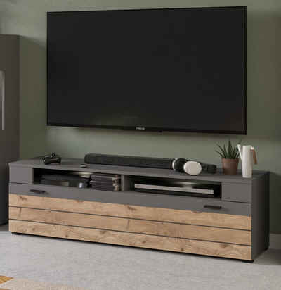 xonox.home Lowboard Freno (TV Unterschrank in Basalt grau, Breite 140 cm), Rahmenabsetzung in Nox Eiche, mit Stauraum