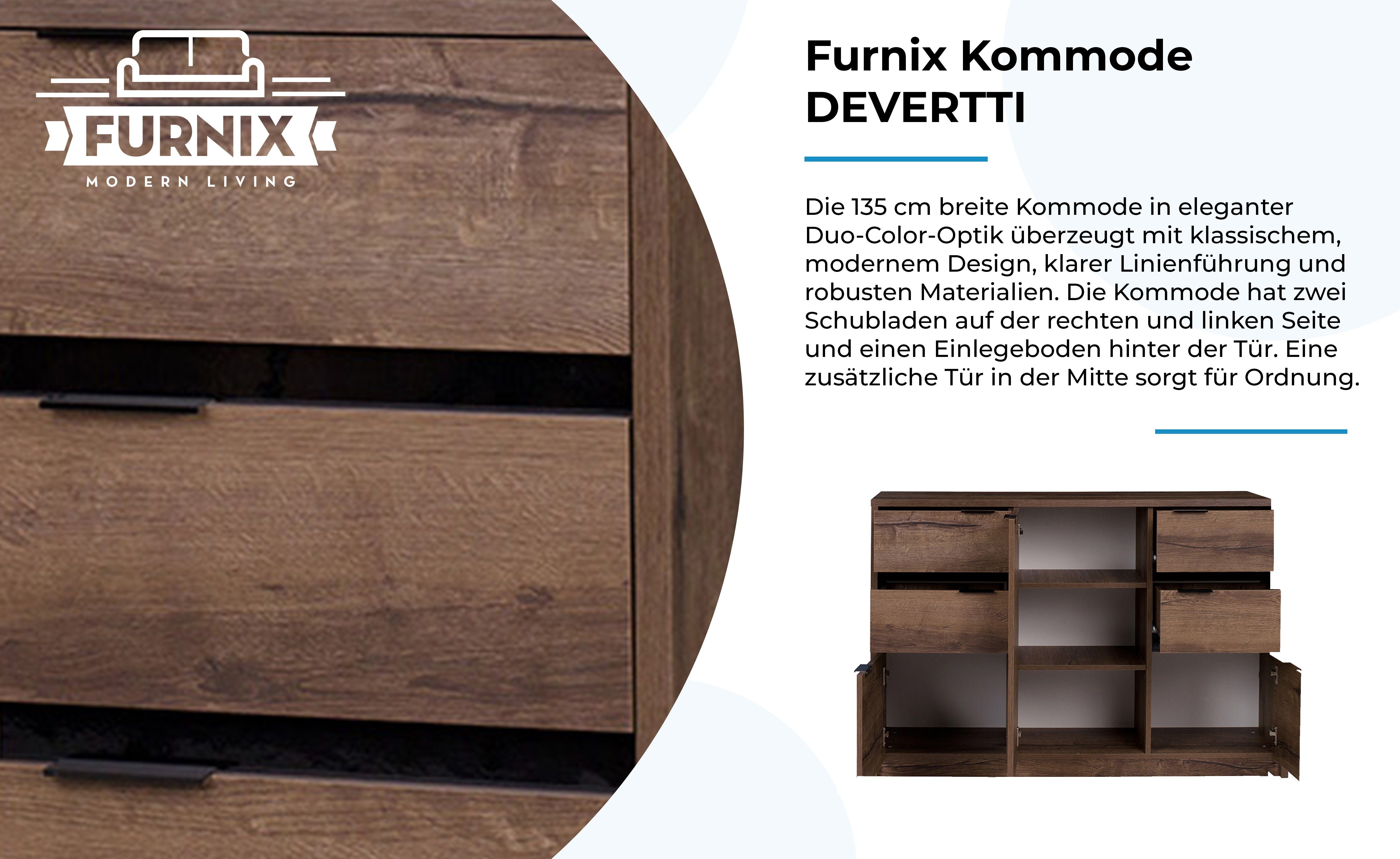 Furnix Sideboard Glanz 3 cm Monastery/Schwarz x DEVERTTI Türen, K3D4SZ geräumiges mit 4 H90 Schubladen T40 und Kommode, x B135