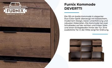 Furnix Kommode, geräumiges Sideboard DEVERTTI K3D4SZ mit 4 Schubladen und 3 Türen, B135 x H90 x T40 cm