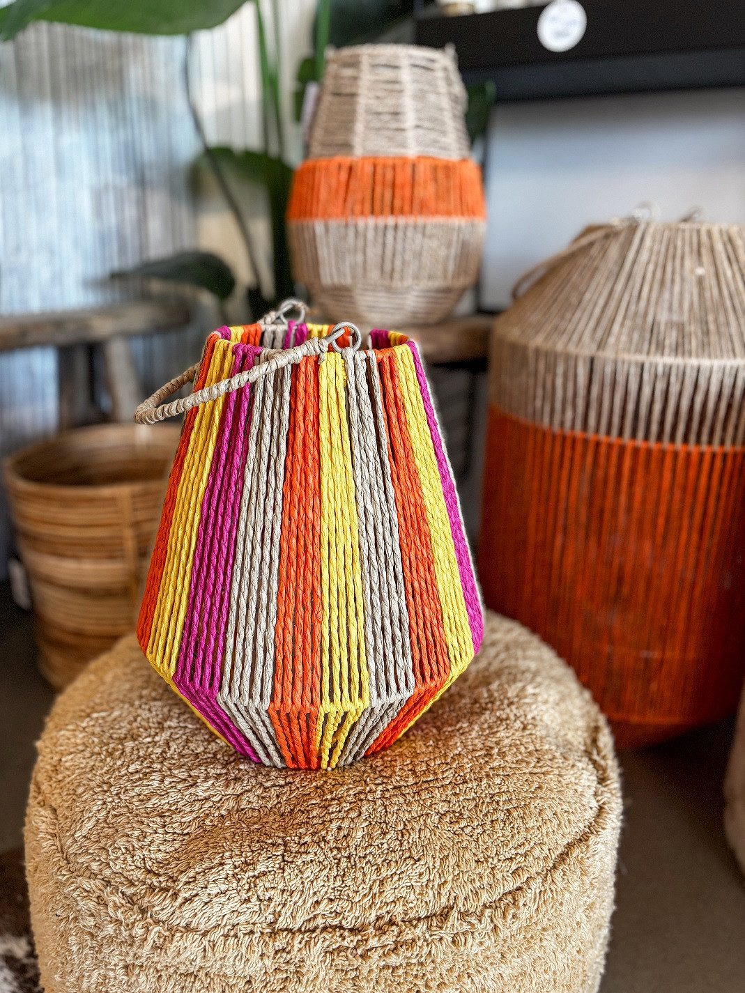 Van der Leeden Windlicht Laterne STRIPED Jute Natur/Gelb/Orange/Fuchsia M, Ø26cm H30cm