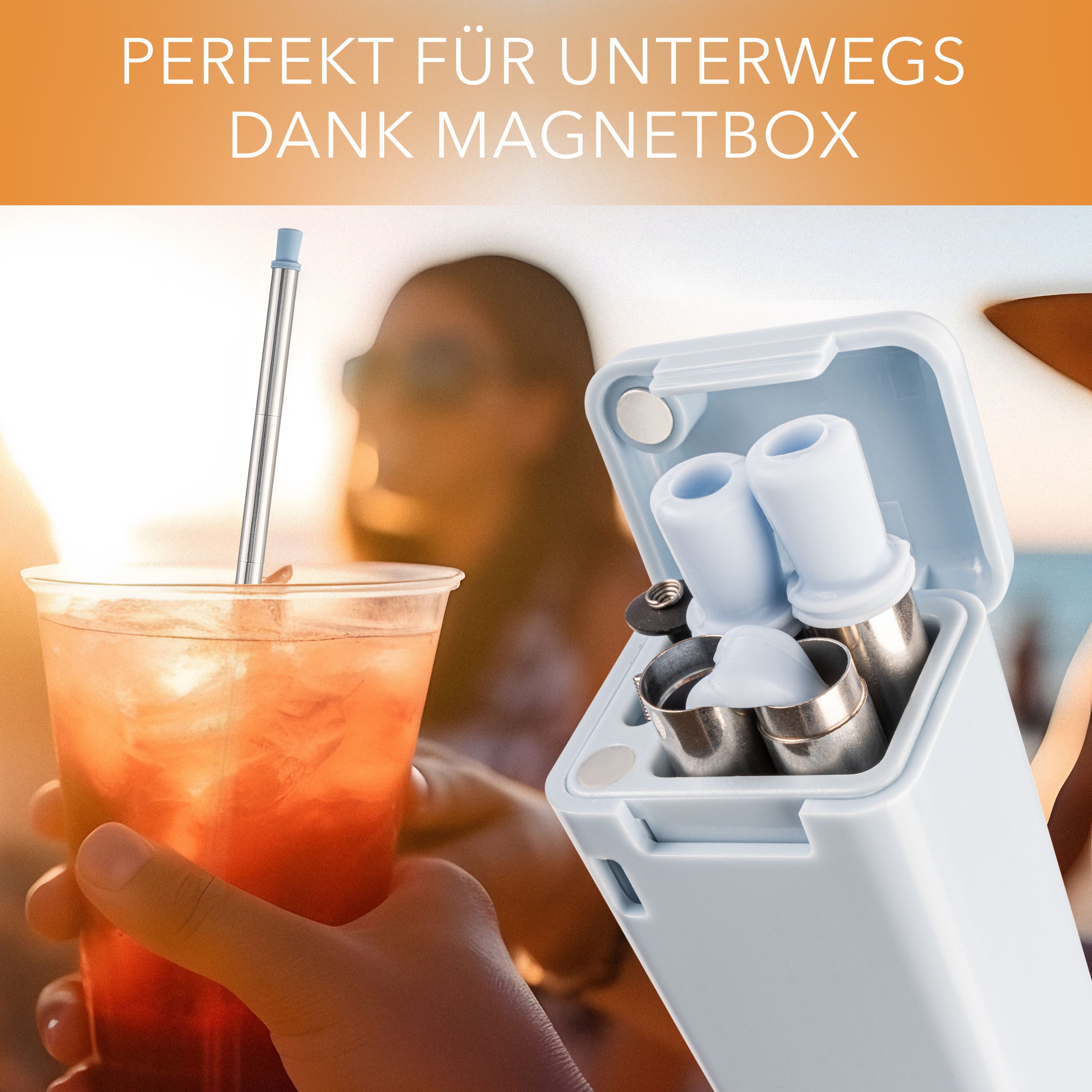 AVANA Trinkhalme wiederverwendbare Edelstahl Strohhalme faltbare Silikon Trinkhalme, (2er Set), BPA-frei, mit Reinigungsbürste und Magnetbox