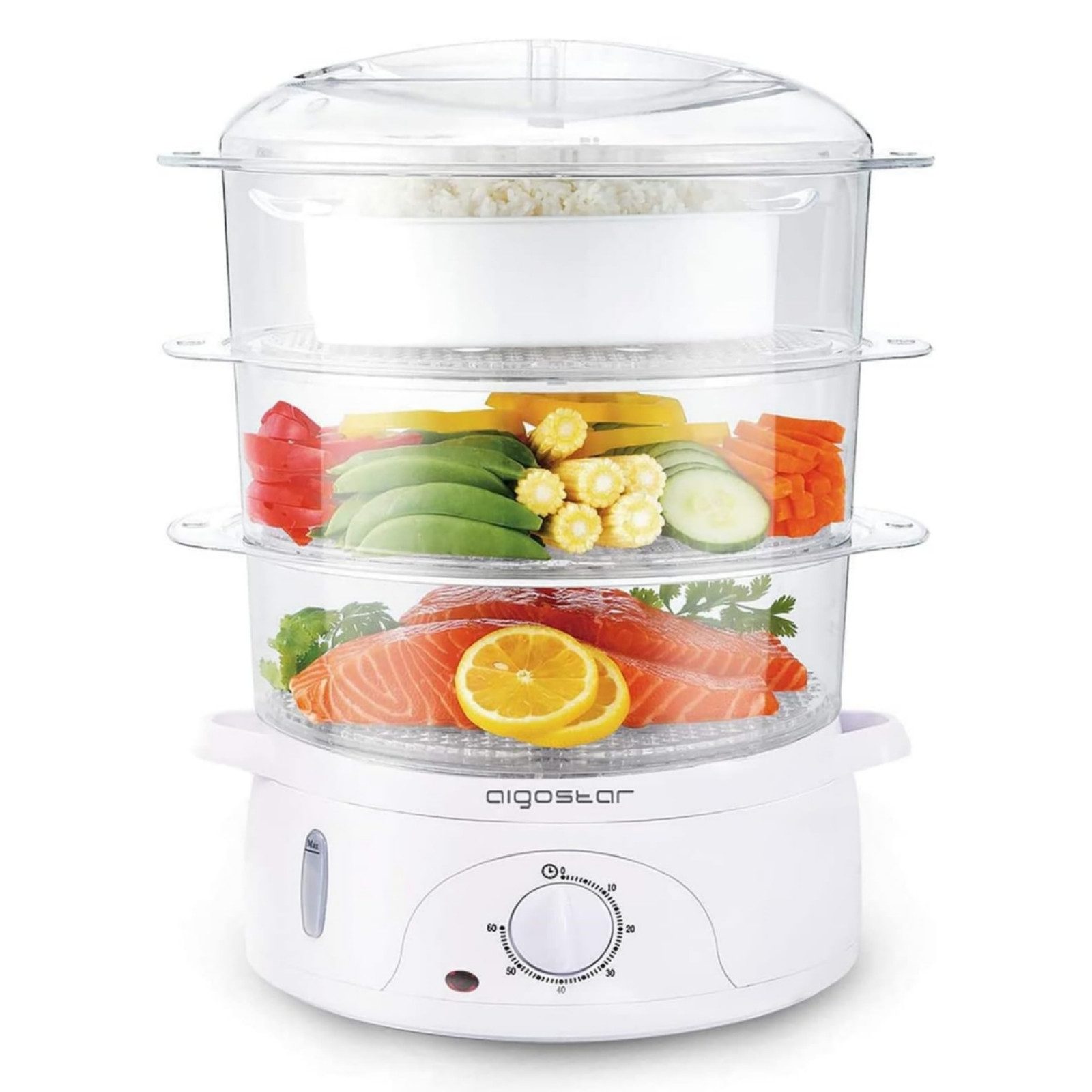 Aigostar Dampfgarer Fitfoodie mit Timer 9L/12L, 800W/900W, 3-Etagen Stapelkörbe, BPA frei, 800,00 W, Überhitzungsschutz, Intelligenz, Leicht zu reinigen