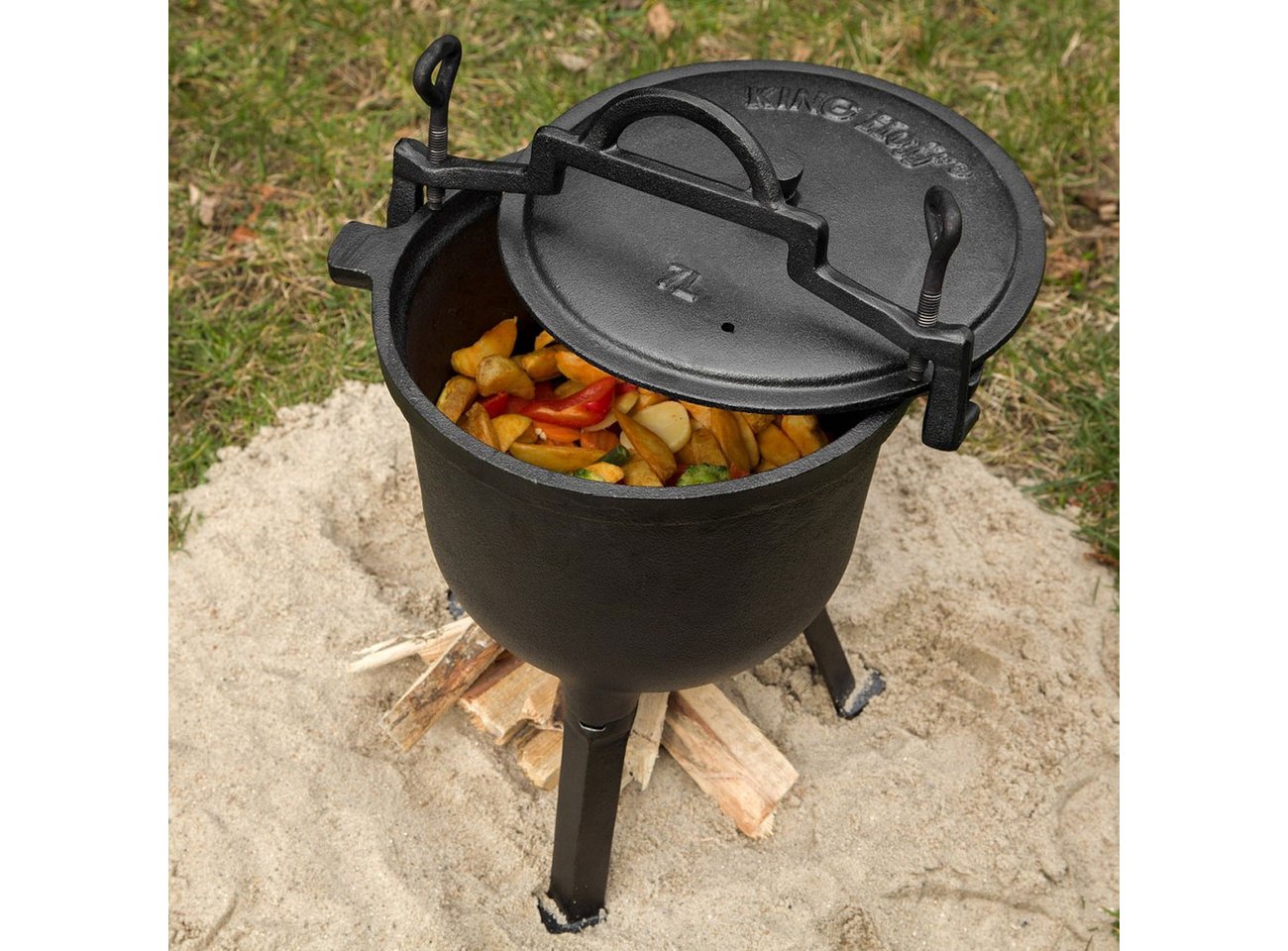 King Hoff Kochtopf Gusseisen Camping-Kochtopf 8L, Lagerfeuer-Topf emailliert Beine 15kg, 8L gusseiserner Lagerfeuertopf mit Beinen weißer Emaille-Beschichtung
