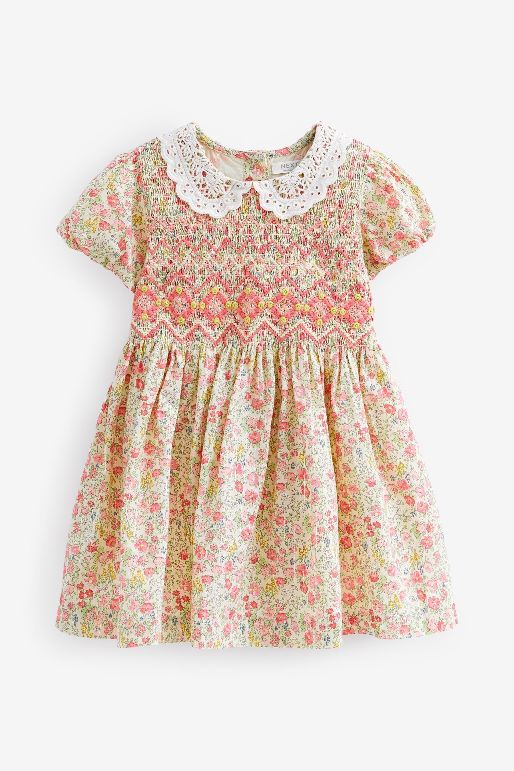Next Sommerkleid Baumwollkleid mit Spitzenkragen und Raffdetail (1-tlg) Pink Ditsy Sparkle | Sommerkleider