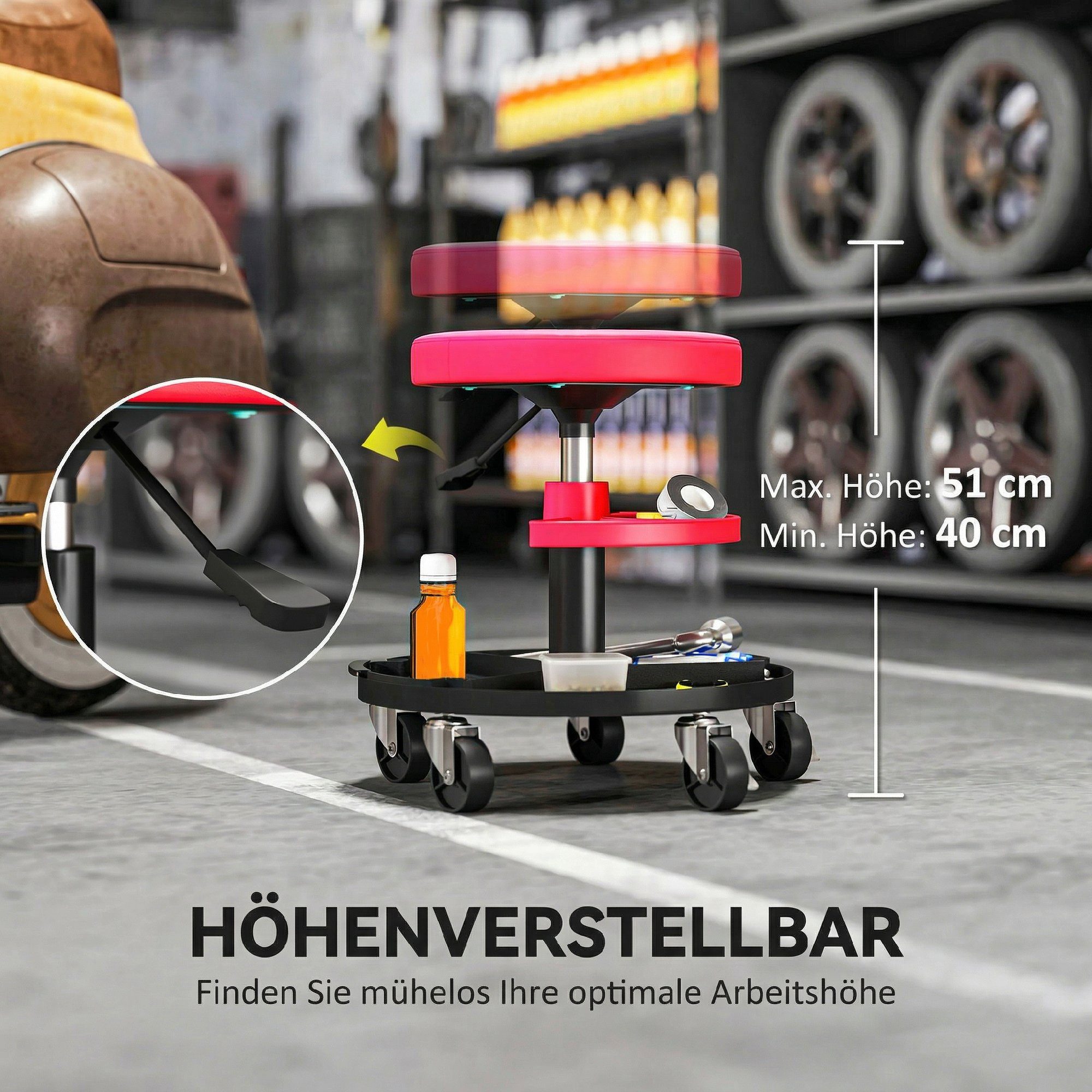 HOMCOM Montagehocker Arbeitshocker mit Rollen Tabletts drehbar Rollsitz Drehhocker (rollbarer Werkstatthocker, 1 St., höhenverstellbar 40-51cm Rollhocker), bis  – Bild 5 von 5