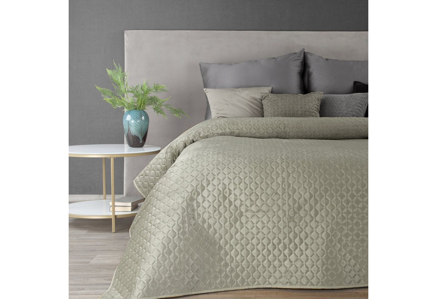 Eurofirany Tagesdecke Gesteppte Decke Velours Karomuster Weicher Überwurf, Eleganter Bettüberwurf Doppelbett
